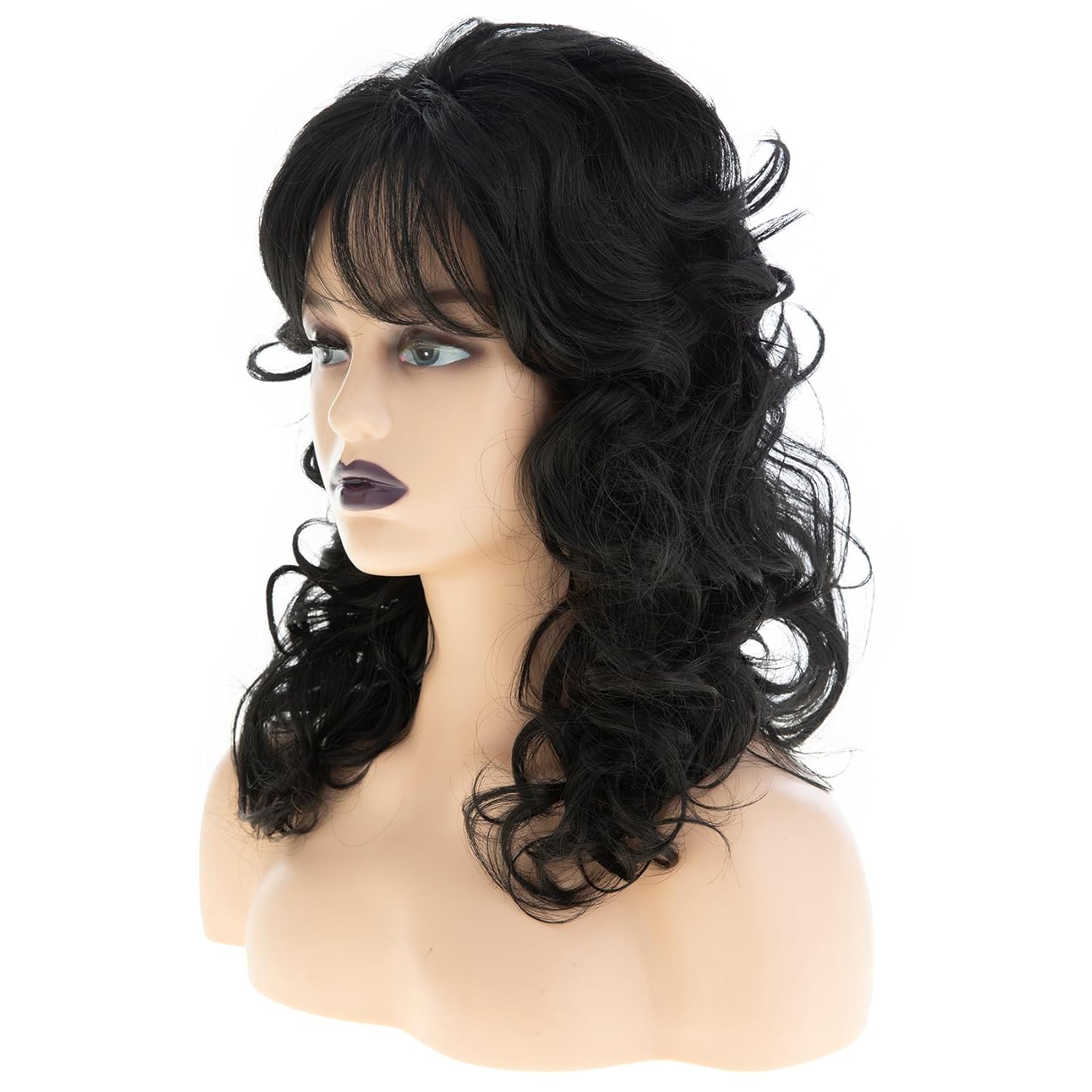 Baruisi Long Curly Wavy Black Wig Synthetic Layered Fluffy Shag Wig with Bangs Messy Hair for Party Cosplay Use