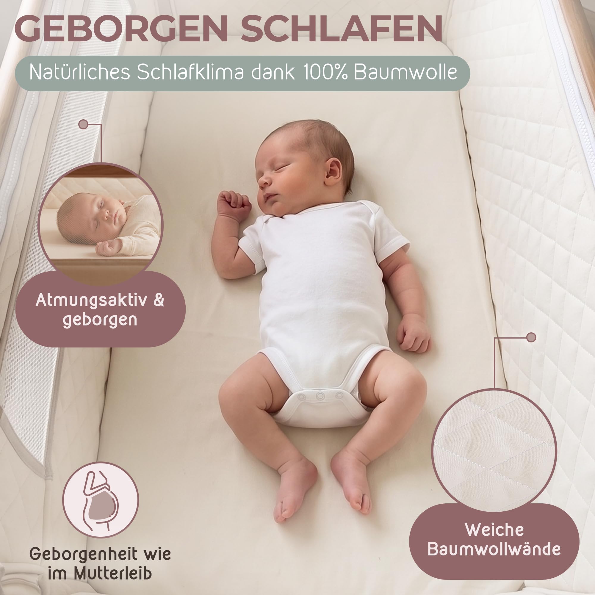 mimi kalu® Beistellbett Baby mit Rollen für Boxspringbett & europäische Standardbetten – 4-in-1 Baby Bett, Stubenwagen, Reisebett & Babywiege – höhenverstellbar