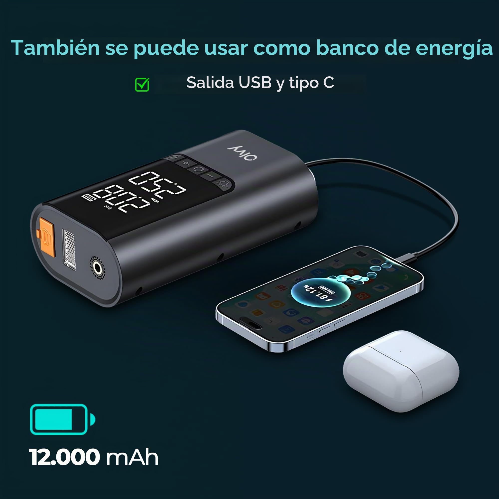 Arrancador portátil Olvy 4 en 1 con compresor de Aire, 1500 A de Potencia máxima, batería Externa de 12 000 mAh, protección Inteligente, luz LED, Pantalla Digital, Compacto para vehículos de Gasolina