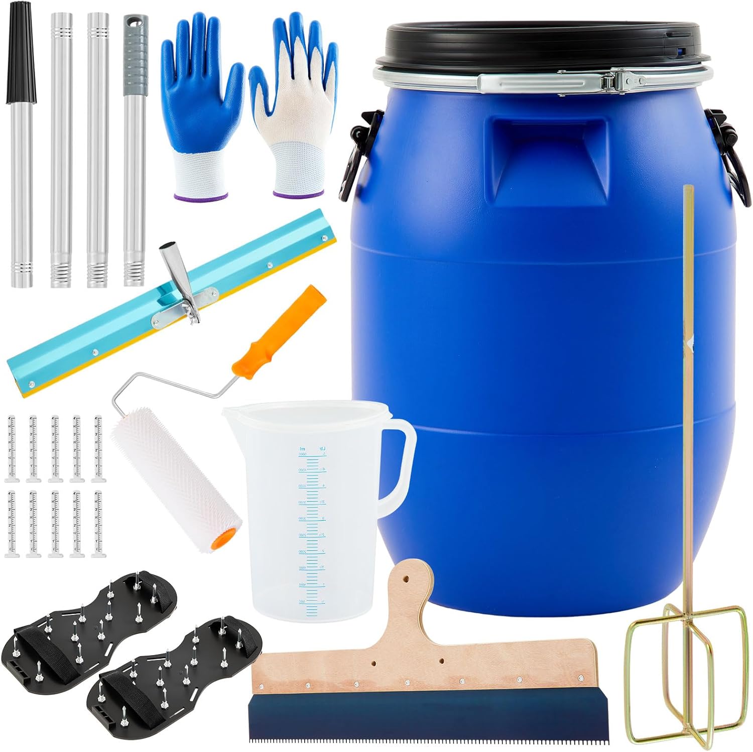 20 Pcs Self Leveling Cement Tools Kit, 15.8 Gallon Mixing Barrel with Lid and Handles, 9'' Epoxy Roller, Shoes Spikes, Mixer Rod, Measuring Cup with Lid, Scraper, Epoxy Floor Leveling Kit