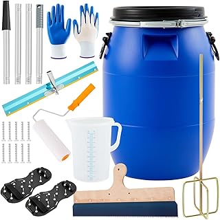 20 Pcs Self Leveling Cement Tools Kit, 15.8 Gallon Mixing Barrel with Lid and Handles, 9'' Epoxy Roller, Shoes Spikes, Mixer Rod, Measuring Cup with Lid, Scraper, Epoxy Floor Leveling Kit