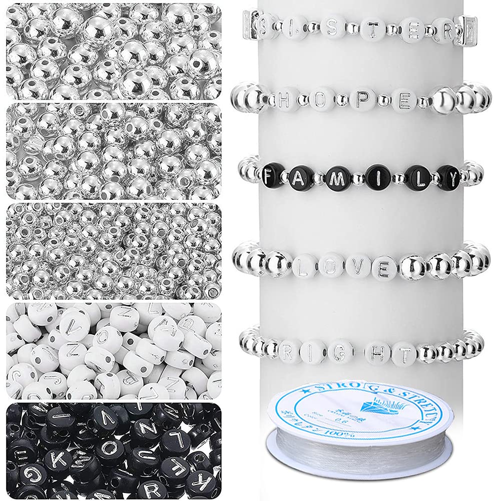 1600Pcs Bead Making Kit, Flat Round Spacer Beads 3 Sizes Gold Round Spacer Beads with Elastic String for DIY Jewelry Making Necklace Bracelet (Silver)