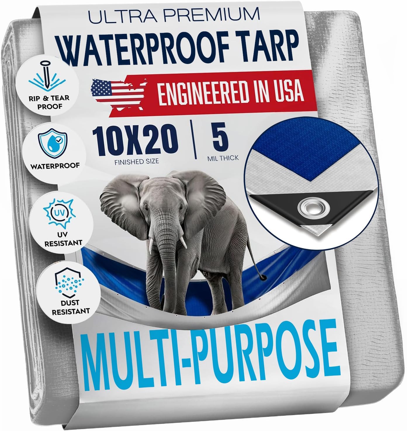 10x20 Tarp Waterproof Plastic Tarp with Grommets Every 18 Inches - 5 Mil - Multipurpose Water Proof Rain Cover, Outdoor, Garden, Camping, Emergency Survival (Reversible Tarpaulin, Blue and Silver)