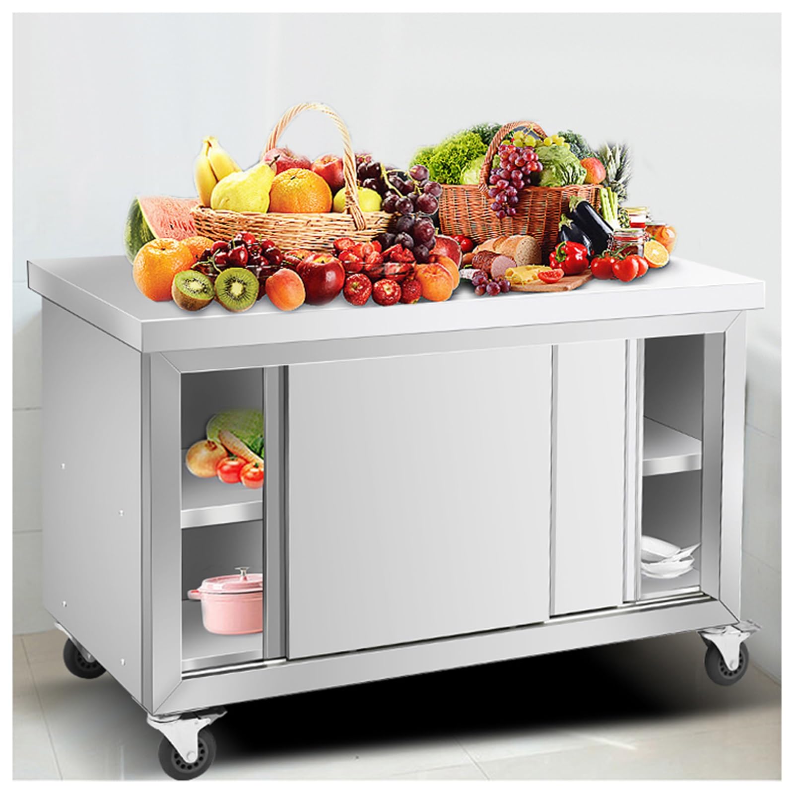 Tavolo da Lavoro in Acciaio Inox Rinforzato Piano di Lavoro da Cucina con Armadietti per Uso Commerciale/Domestico con Ante Scorrevoli Ruote Passaggio Unidirezionale Armadietti Mobili