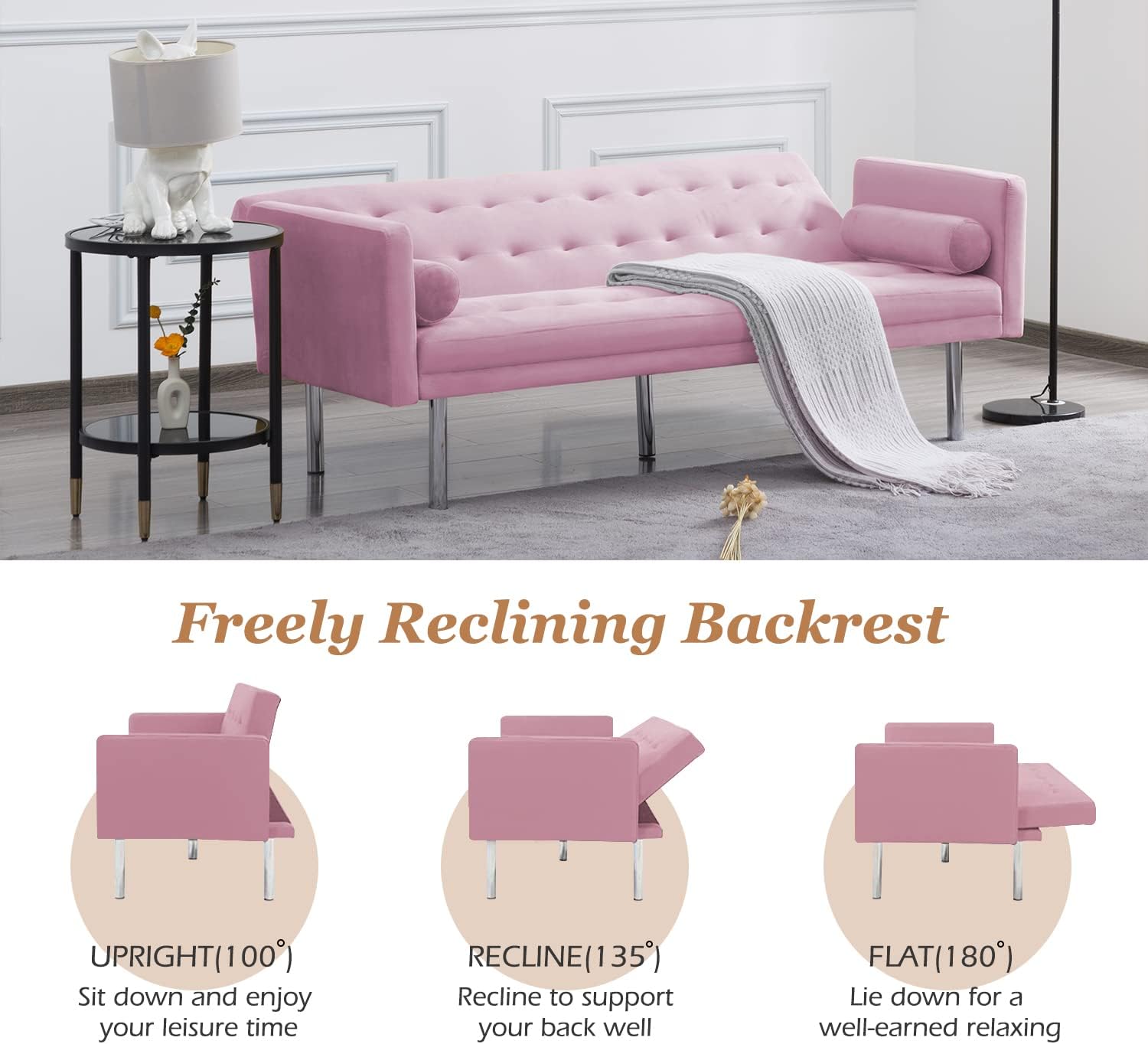 SUMKEA Futon Tufted Back Convertible Sofa, 68” Twin Size Sofa Bed, Modern Living Room Futons Set (Pink)