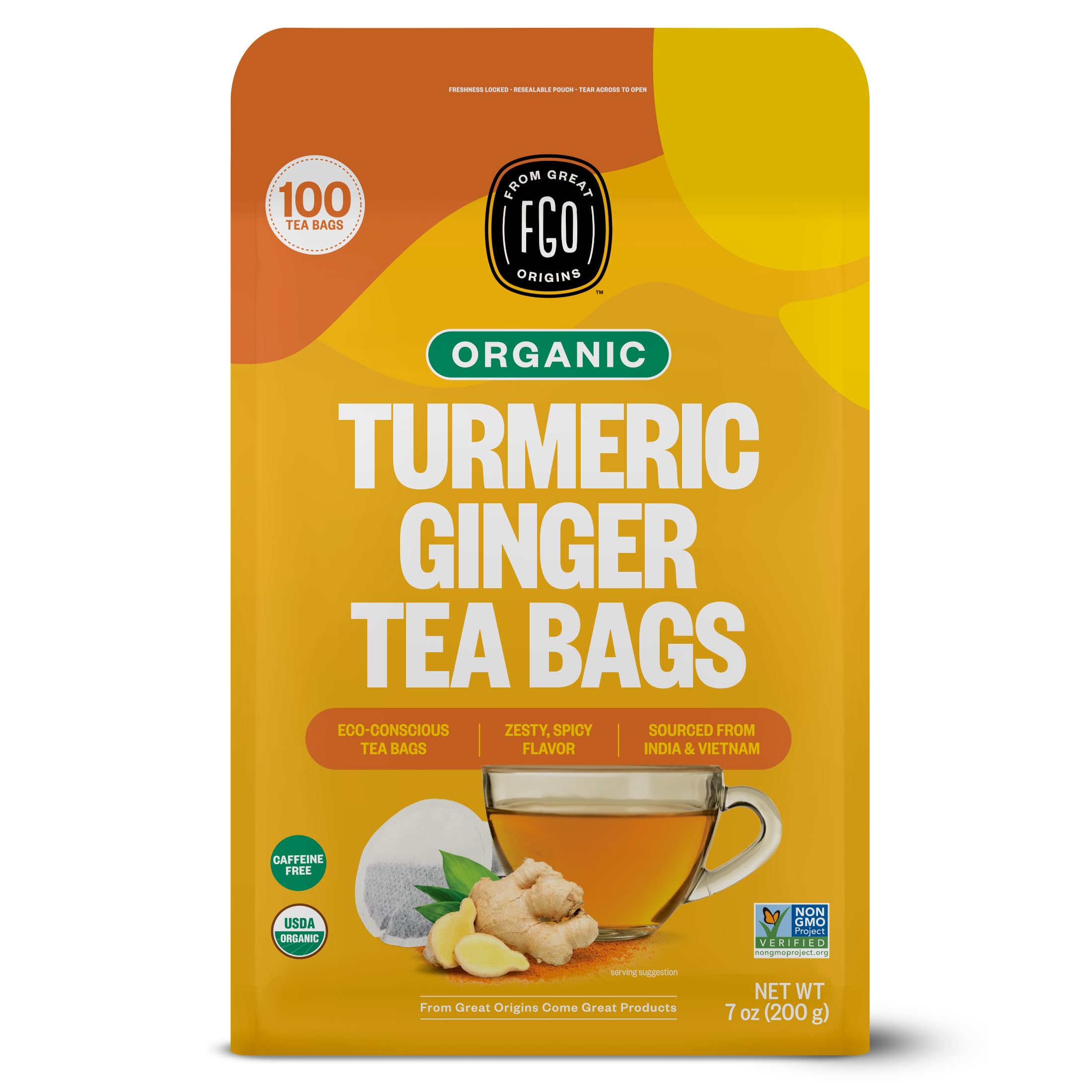 FGO Organic Turmeric Ginger Tea, Eco-Conscious Tea Bags, 100 Count, Packaging May Vary (Pack of 1)