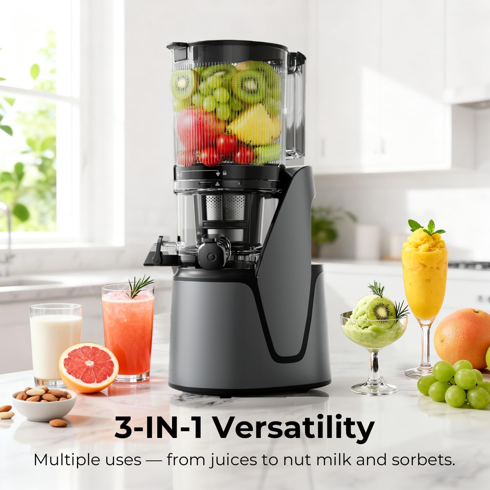 Juicer Machines, 3-in-1 Cold Press Juicer with 6.5" Extra Large Chute, 100oz Large Capacity, AC Motor, Makes Juice, Nut Milk & Sorbet, Premium Gray - 2
