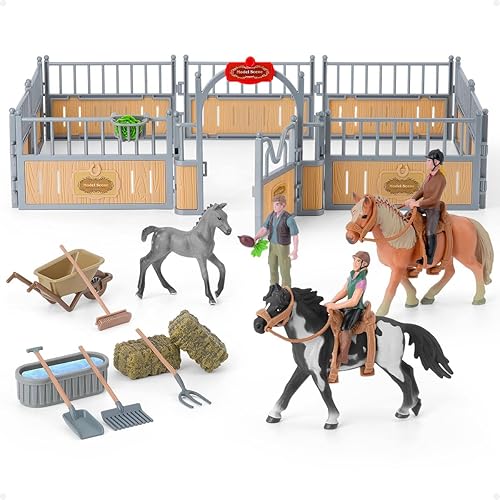 DuDuMo Juego de establo para caballos, regalos de caballos para niñas y niños con 3 caballos y 2 jinetes, juego de juguetes de caballos de animales