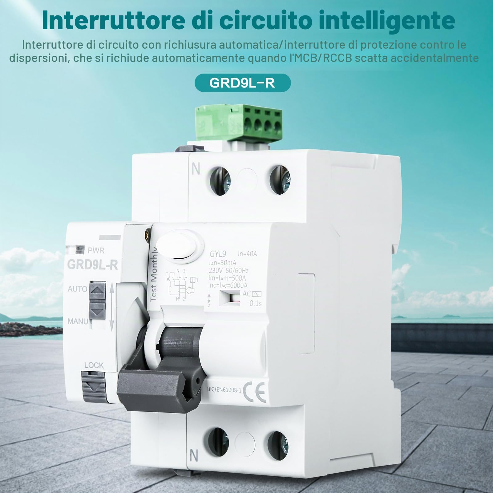 Interruttore Differenziale Riarmo Automatico 40A 30MA 2P Salvavita Riarmo Automatico MCB/RCCB 15 Min Automatica Riarmo RS485 Telecomando Nessuna Operazione Manuale Richiesta.