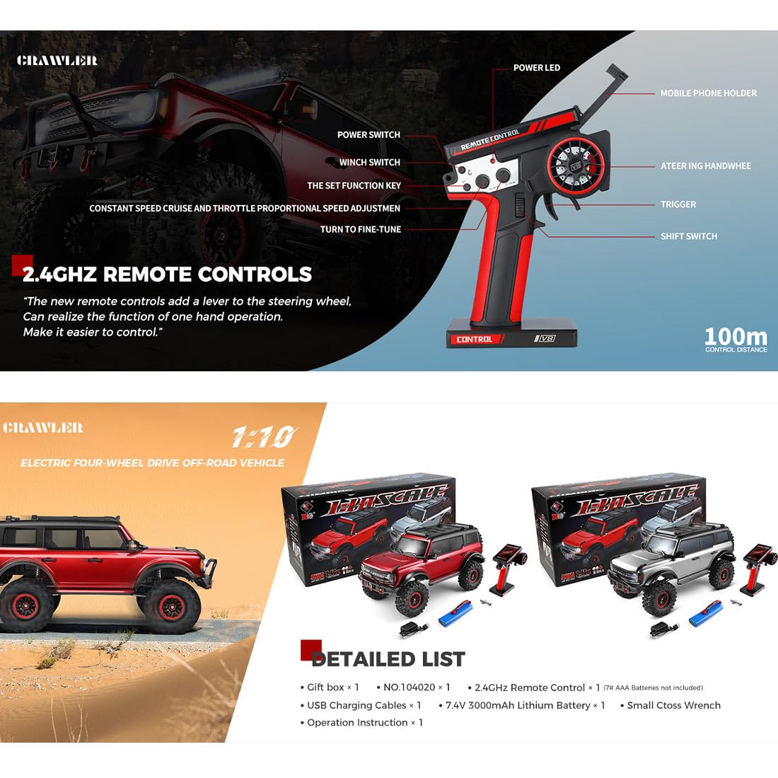Samochód terenowy 1/10 4WD RC, 2,4 G zdalnie sterowany samochód gąsienicowy ze światłami LED, metalowy mechanizm różnicowy i silnik o wysokim momencie obrotowym, zdalnie sterowana ciężarówka