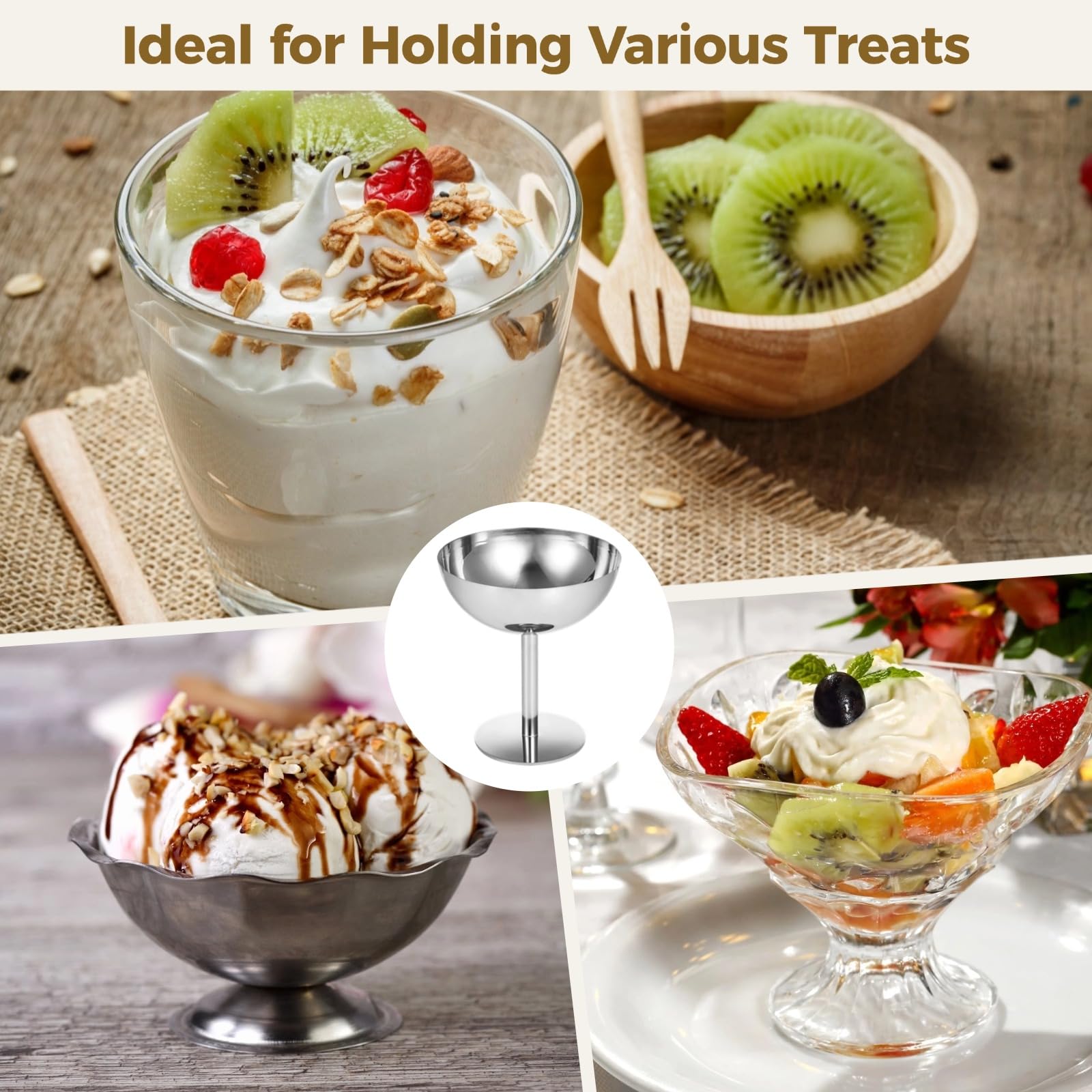 Generisch 4 Stk. Eisbecher, wiederverwendbare Dessertschalen aus Edelstahl mit Löffeln, runde Joghurtbecher, Schalen für Salat, Snacks und Obstpudding, für Partys, Lokale und Veranstaltungen