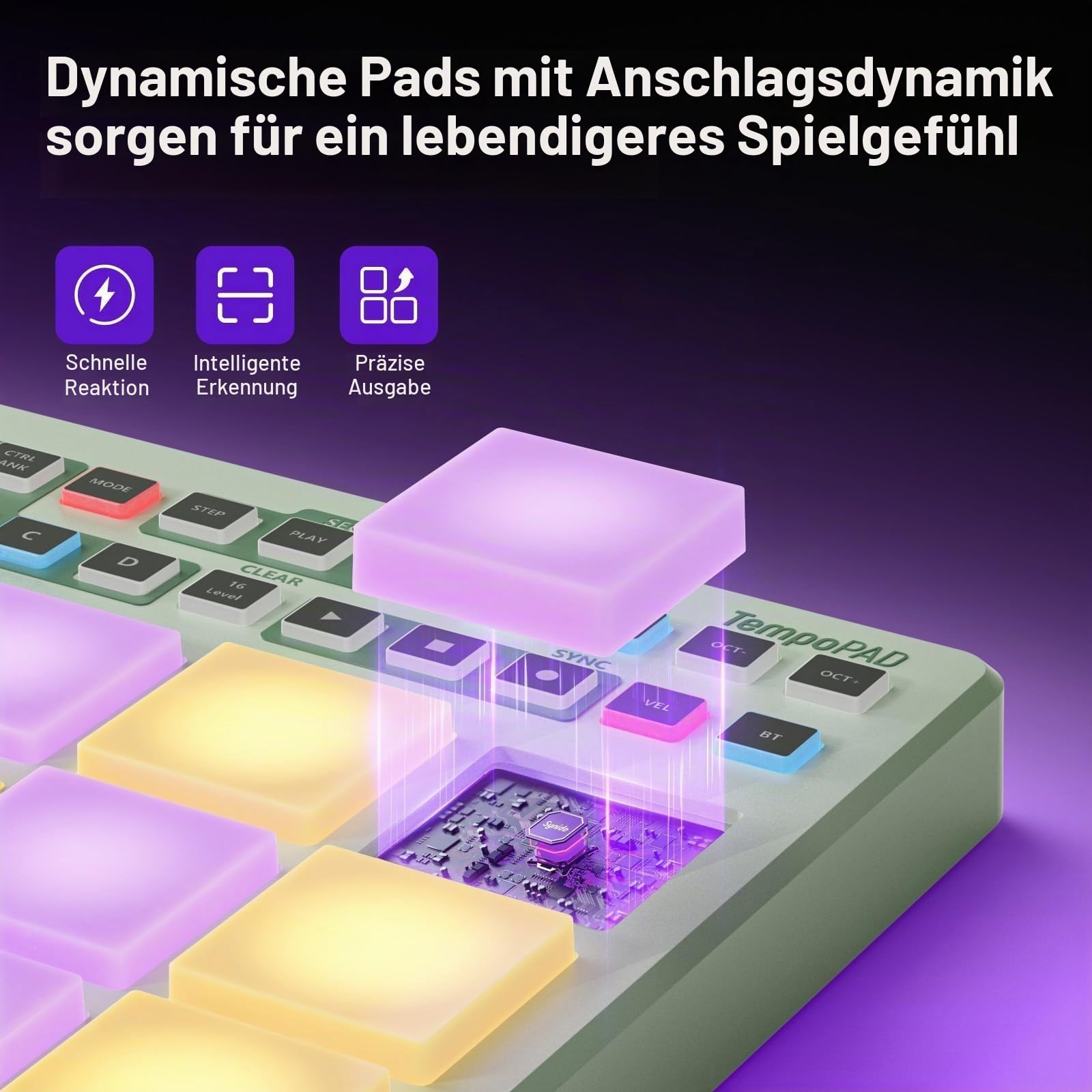 Synido Wireless MIDI Pad Controller, USB Wiederaufladbare Beat Maker Maschine für Musikproduktion Professional mit 16 RGB Beat Pad, OLED Bildschirm, 16 Step Sequencer, MIDI In/Out/Thru