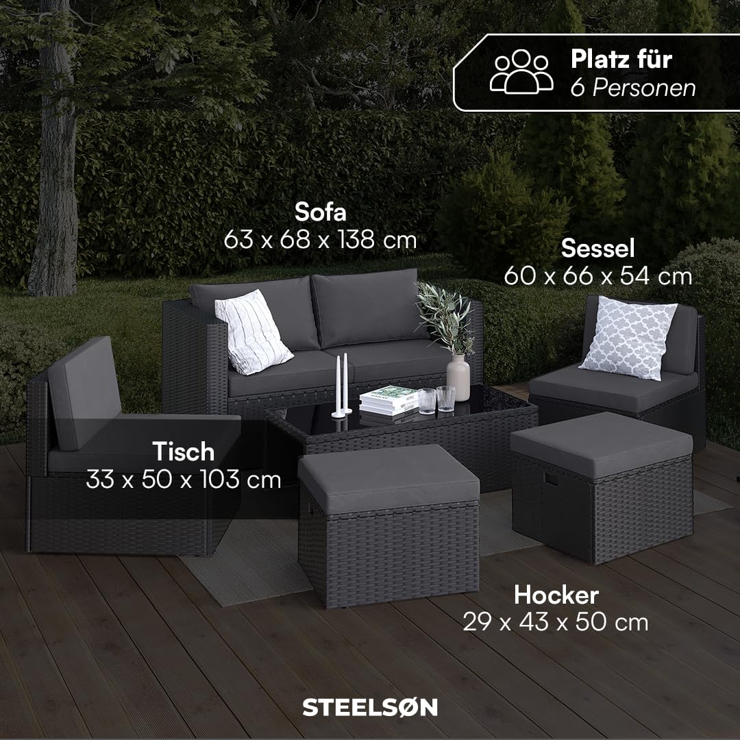 STEELSØN Noctura Rattan Gartenmöbel Set 6-TLG. – Gartenlounge mit Sofa, Sessel, Tisch & Hocker – Sitzgruppe Outdoor schwarz/anthrazit Garten/Balkon/Terasse – Sitzgarnitur Set Metallgestell wetterfest