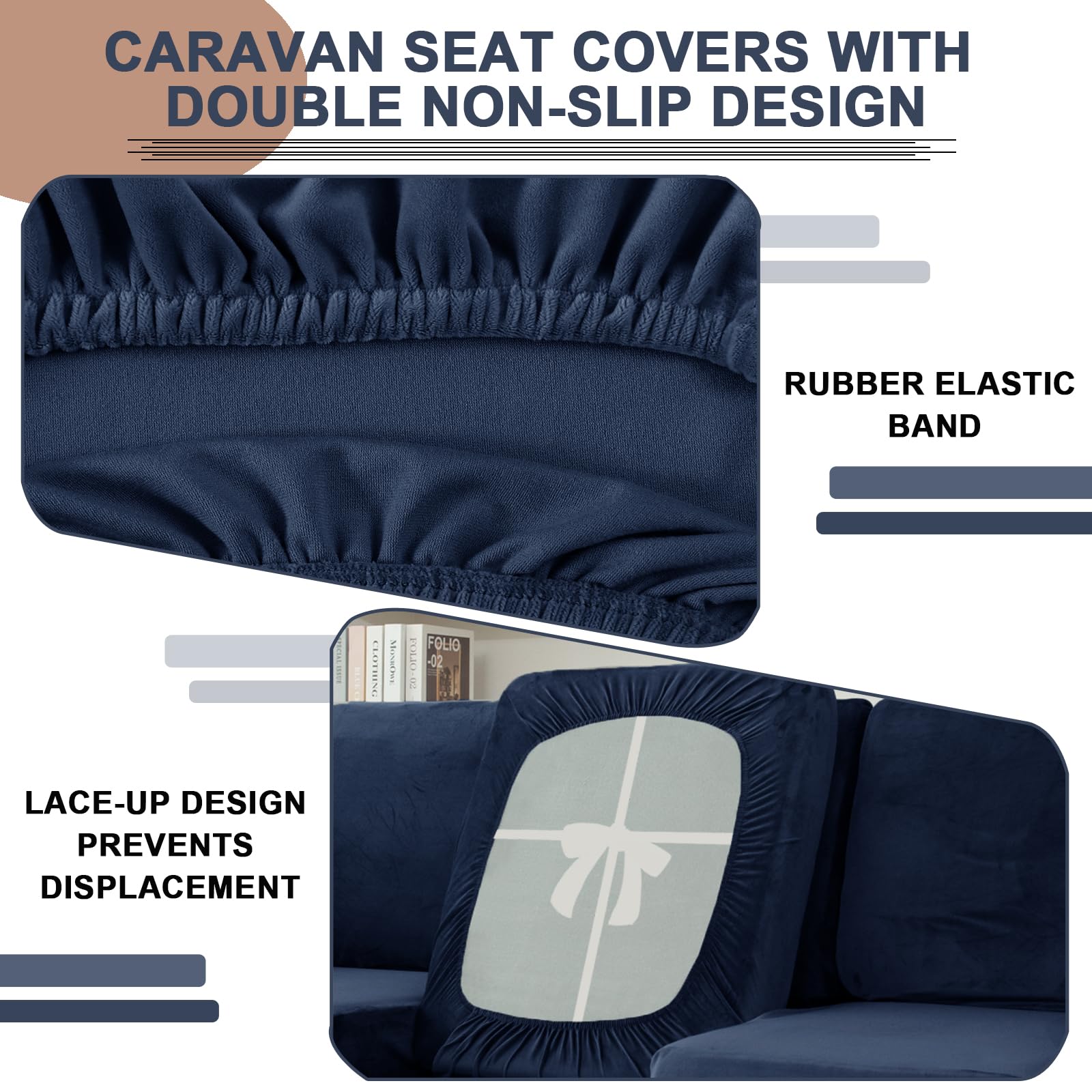 UNBBRRL Elasticizzati Copridivano Camper Velluto, Copri Dinette Camper Set (2pcs), RV Panca/auto/caravan/cuscino Divano Copertura Con 4 Cinghie (blu,Rettangolo-M)