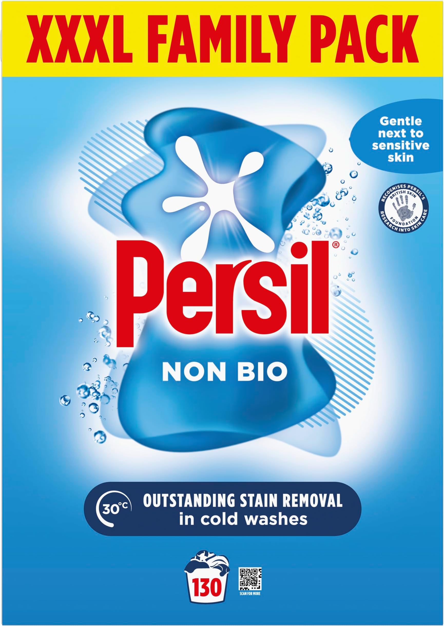 Non Bio Washing Powder XXXL Family Pack 100% recyclable pack for stain removal that's gentle next to sensitive skin 130 Wash 6.5 kg