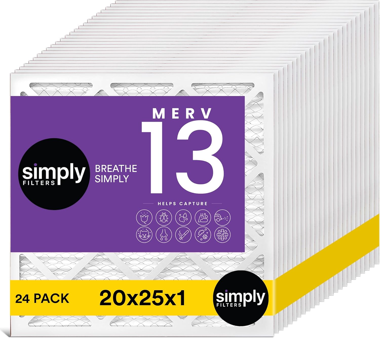 Simply 20x25x1 Air Filter, MERV 13, 24 Pack, For Home AC Furnace & HVAC (Actual Size: 19.75"x24.75"x0.75") DUST, Pet, & Allergy Control