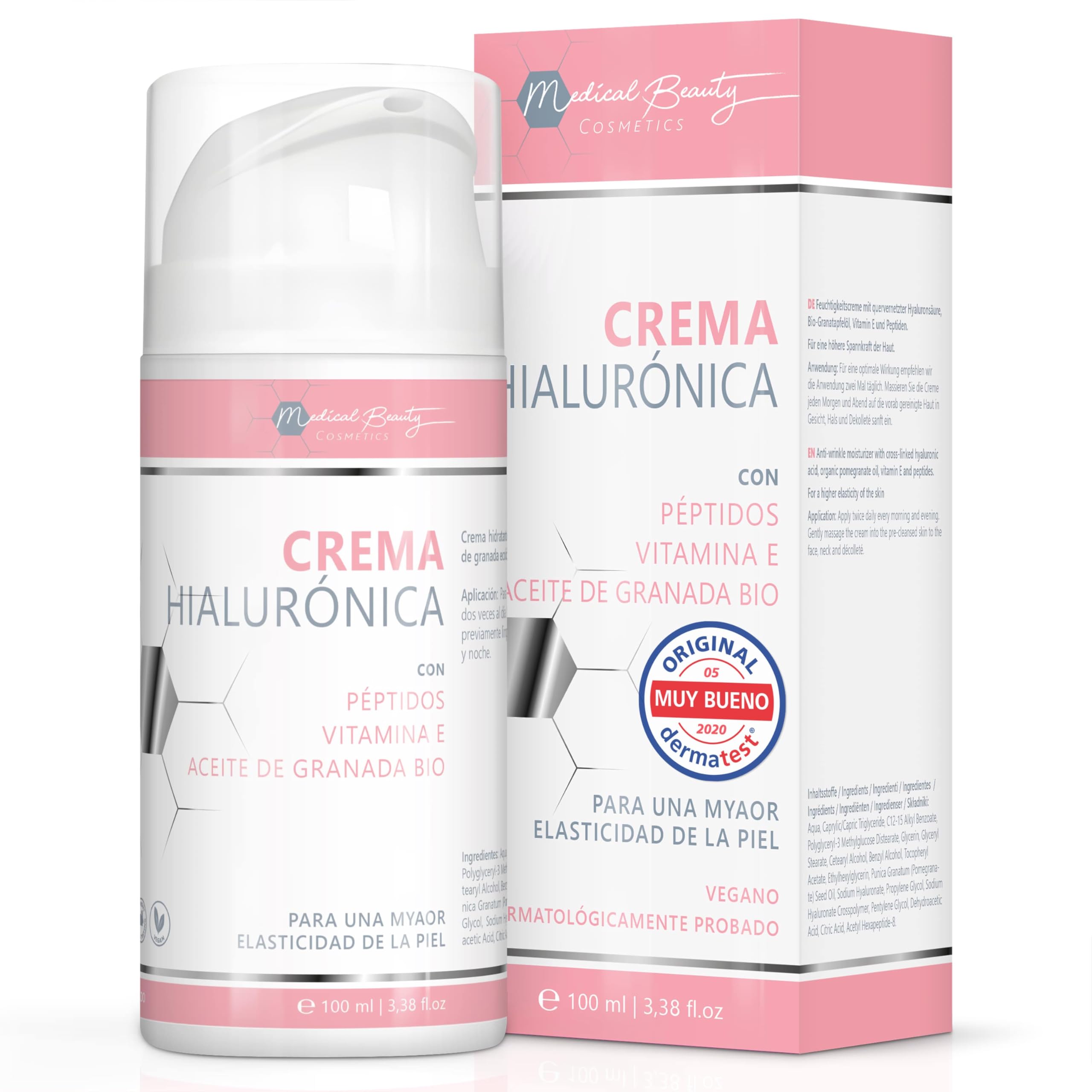 Medical Beauty Crema de Ácido Hialurónico 100ml - con Péptidos, Vitamina E y Aceite de Semilla de Granada Orgánico - Crema Facial Vegana Anti-Edad para Ojos, Cuello, Escote.