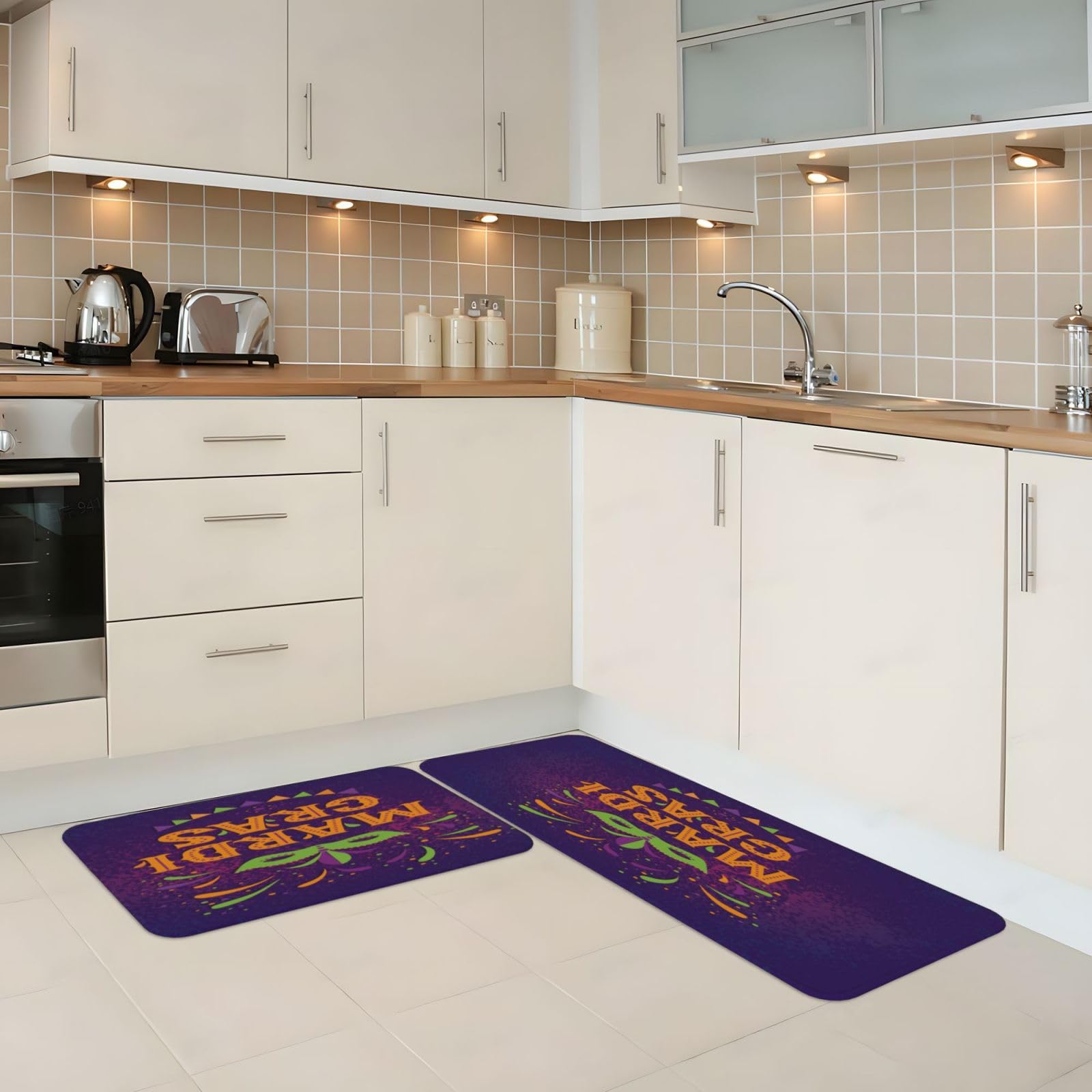 Mardi Gras2 Küchenmatte für Boden, Bauernhaus, Küchenteppich, rutschfest, für Waschbecken, Wäsche, Büro, Zuhause, Schreibtisch, 43,2 x 129,2 cm + 43,2 x 73,2 cm, 2 Stück