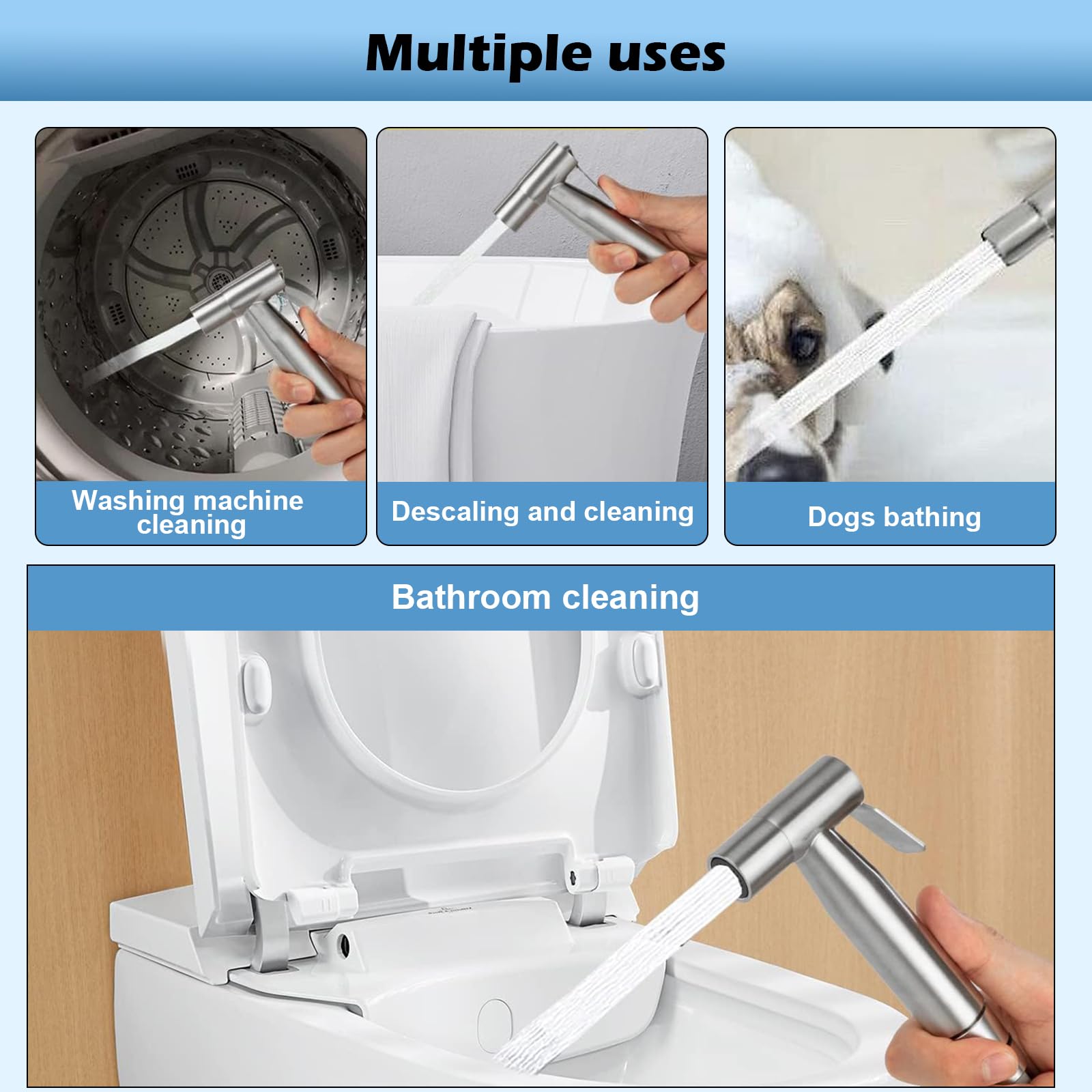 Bidet Edelstahl Handbrause Set, mit 59 zoll Federschlauc, Hakentoilette, Wasserhahnspender und Adapter - für WC, Persönliche Hygiene und Windelreinigung