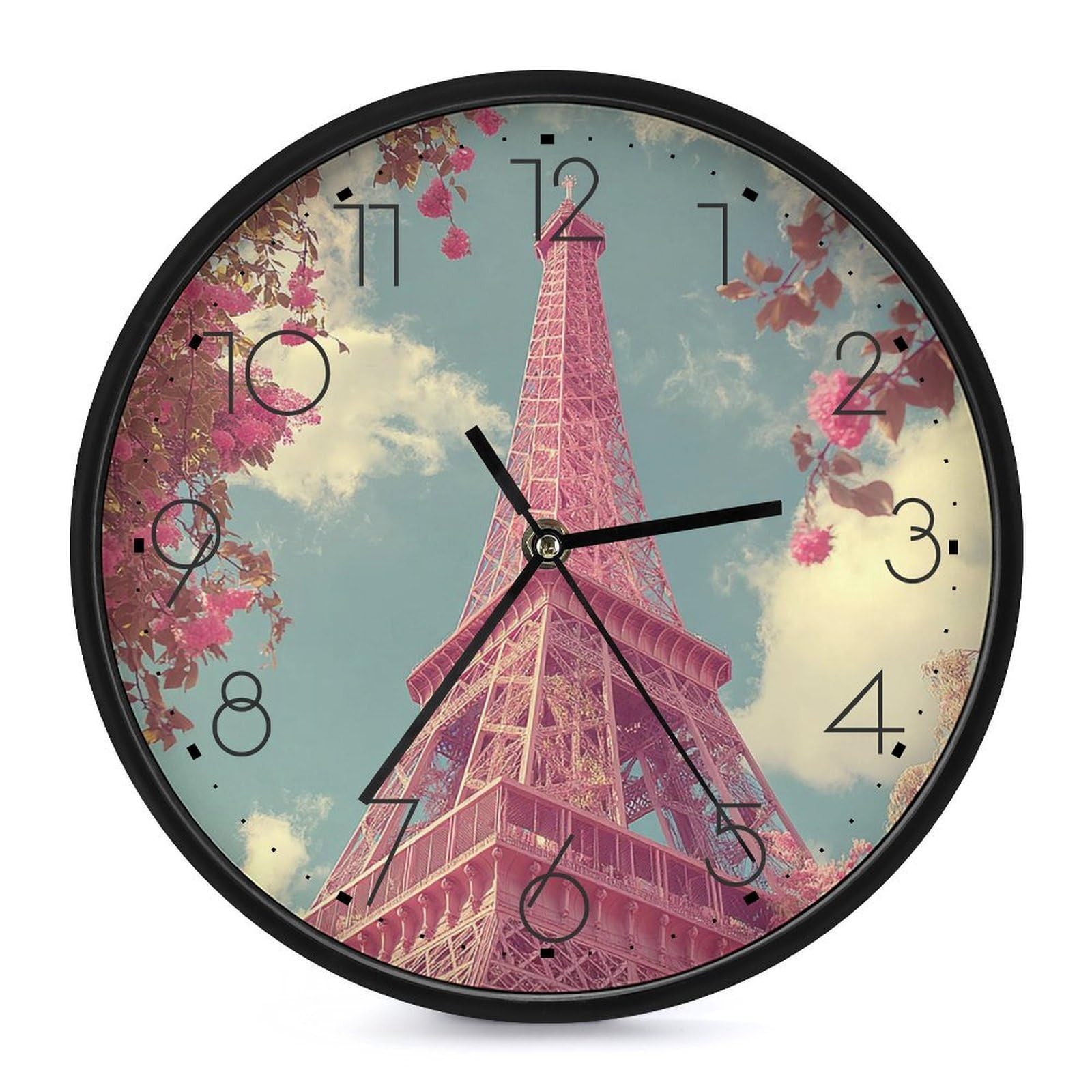 XOPEKVLAWM Wall Clock 10 Inch Non-Ticking Silent Modern Simple Style Round Decor Clocks Eiffel Tower Clock Decorative Battery Operated Wall Clocks for Home Office Living Room Bedroom Kitchen