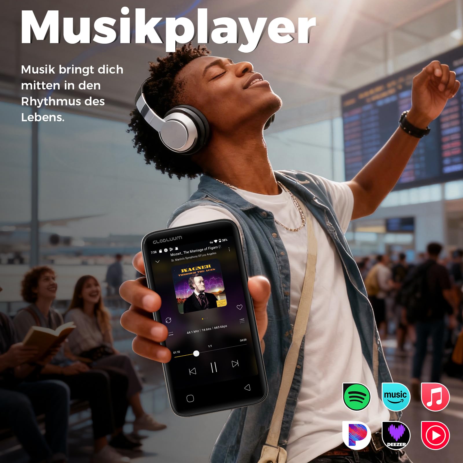 96GB MP3-Player mit Bluetooth 5.0 und WLAN, Musikplayer mit Spotify, Audible, Amazon Music, Spotify Kids, 4-Zoll-Touchscreen Android MP4-Player mit HiFi-Klang, UKW-Radio (Glänzend Schwarz)