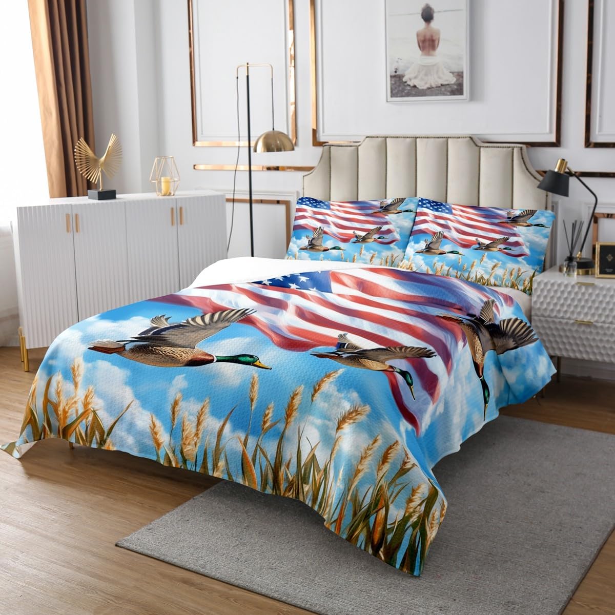Homewish American Flag Bedspread Twin Size,Flying Wild Duck Bedding Set for Kids Girl Boys Room Decor,Mallard Duck White Red Stripes Coverlet Set 2Pcs,Rustic Style Hunting Animal Quilt,1 Pillowcase