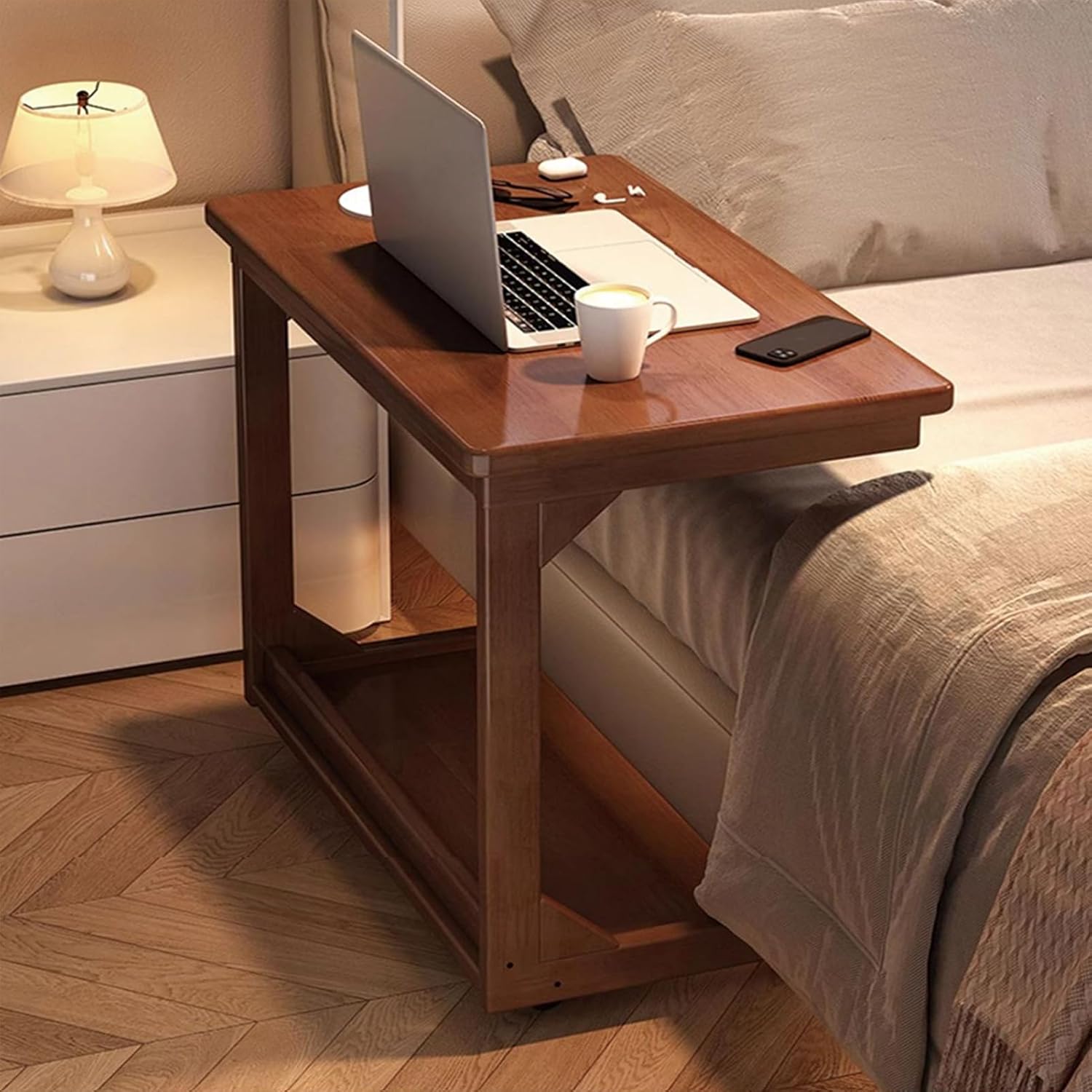 c-shaped couch table, side tables with 360° rotating wheels, 45° adjustable tiltable desktop for sofa laptop coffee, c table for living room, walnut (walnut color, 31.4 * 15.7 * 24.8in) walnut color 31.4*15.7*24.8in
