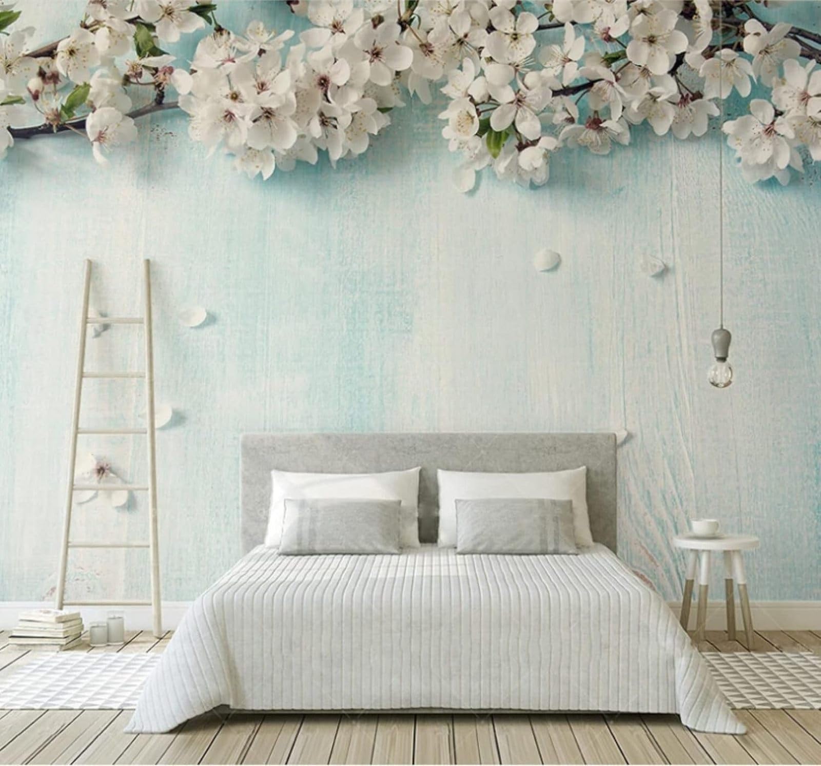 XLMING Fresh Blue Wood White Cherry Blossoms 3D Wallpaper Luxury Home Dining Decor Paste Sofa Living Room The Wall for Bedroom Mural-250cm×170cm