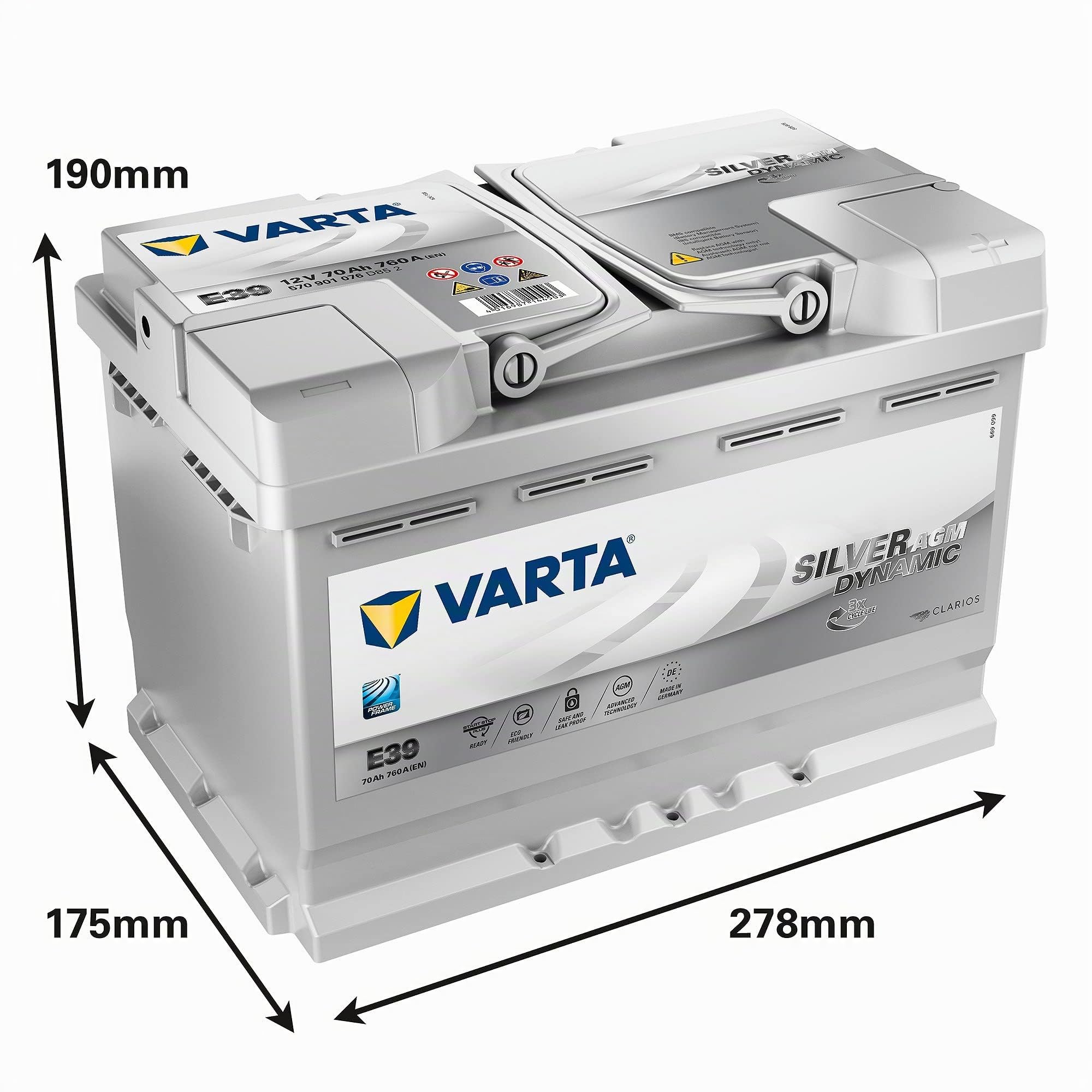 Varta Silver Dynamic Agm Batteria Auto 70 Ah 12V 27.8 x 17.5 x 19 Cm