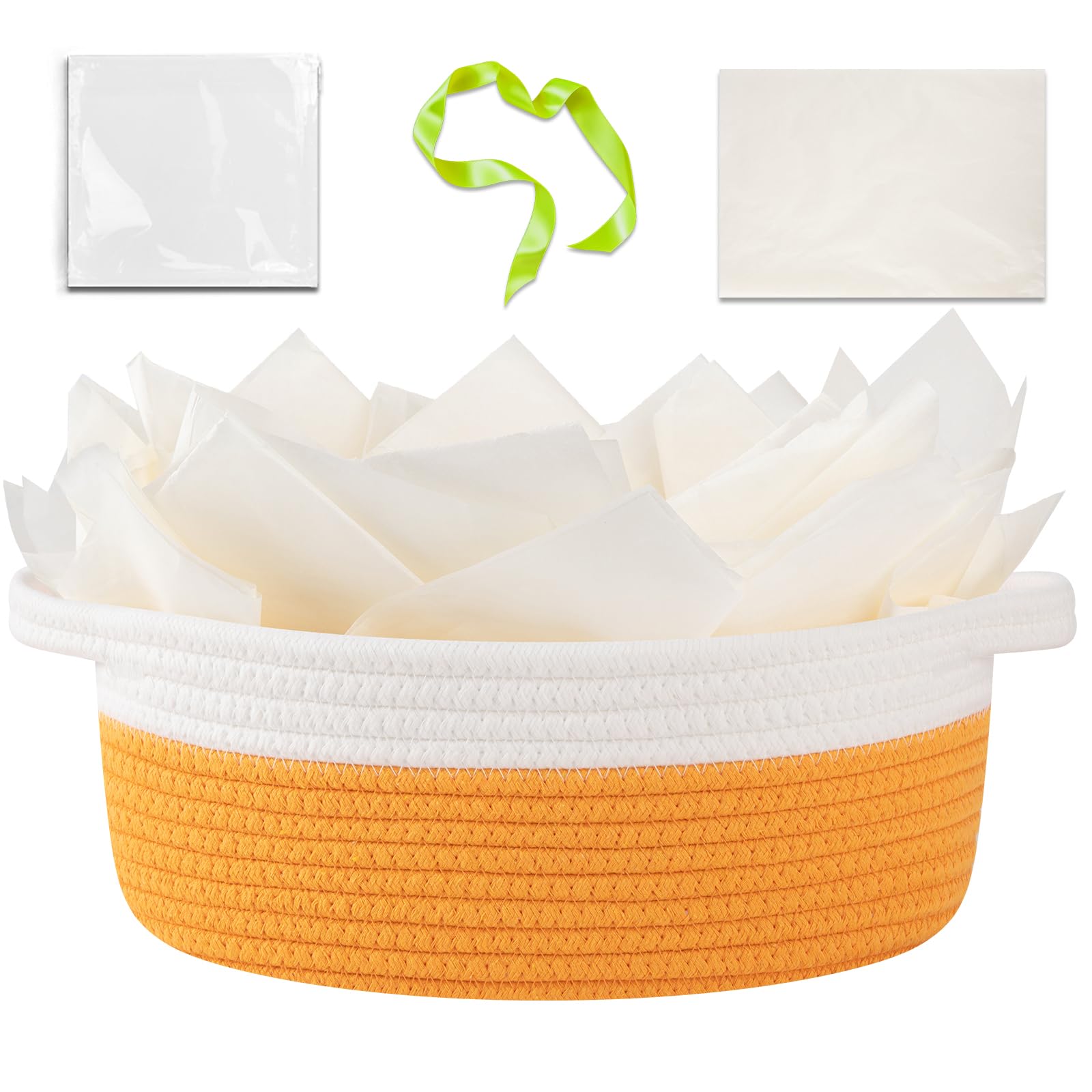 OIAHOMY Gift Basket Empty with Handle, 12"x 8"x 5" Small Woven Basket with Gift Bag, Ribbon and Wrap Tissue Paper, Dog Toy Storage for Organizing - Orange & White Orange & White 12"x 8"x 5"