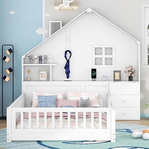 Miniatura 12 de Cama de madera de tamaño individual con cabecero en forma de casa con vallas, altura baja al suelo, para dormitorio de niños y niñas (blanco-01)