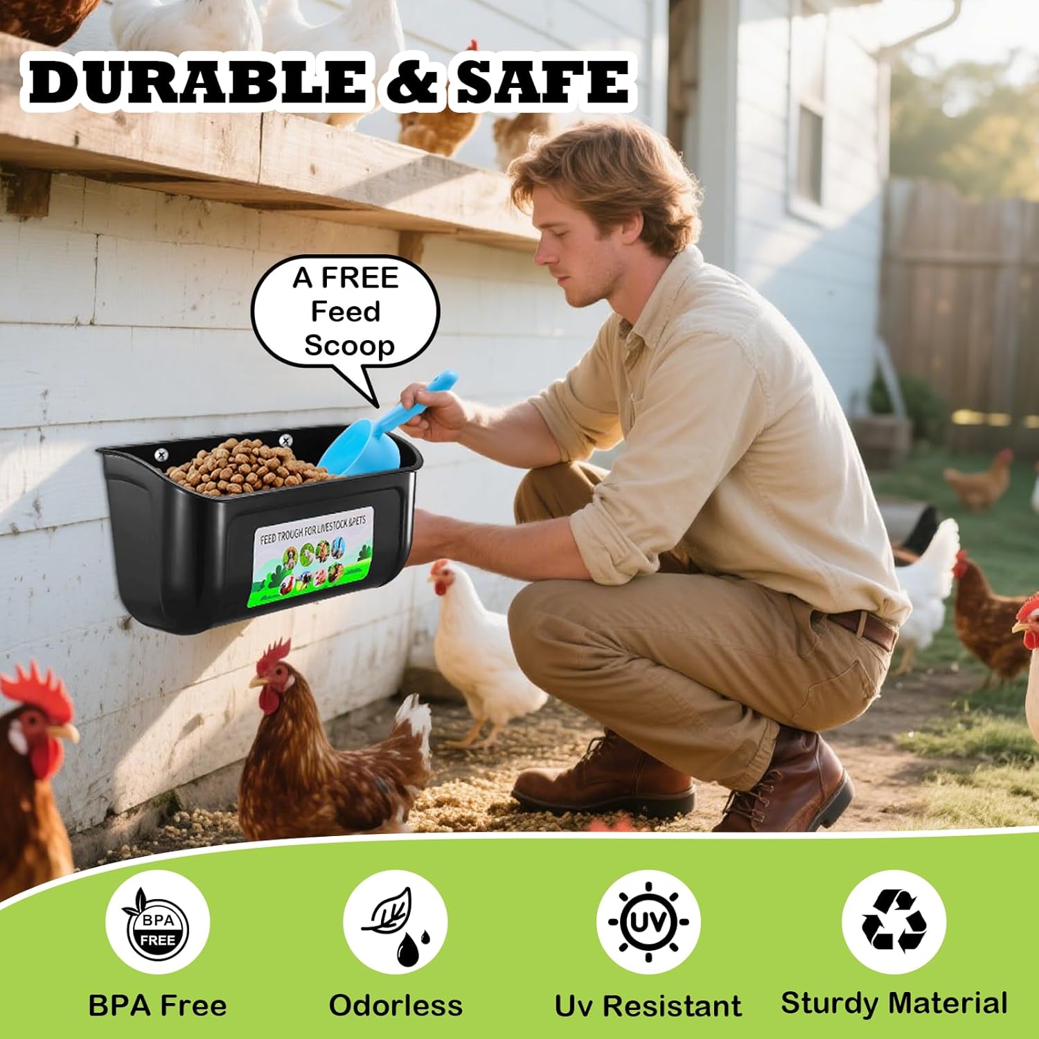 5 Pack Chicken Feeder, Duck Feeder Supplies, Hanging Fence Feed Trough with Clips for Goat, Sheeple, Piglet, Gooses, Turkeys, Dog Livestock Poultry, 8 Quarts in Total, Feed Scoop Included, Black