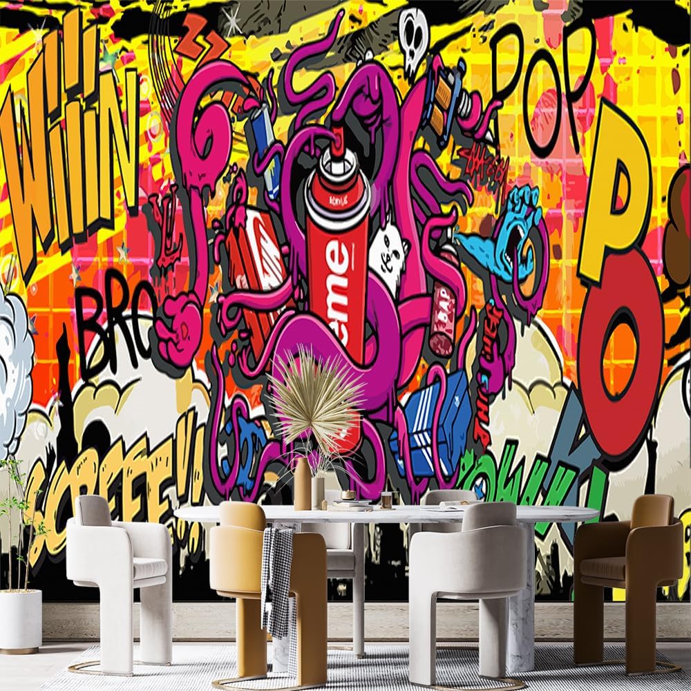 Custom 3D Creative Graffiti Peel and Stick Wall Mural - Modern Cartoon Style - Vinyl Material - Wall Surface - 90"W x 63"H