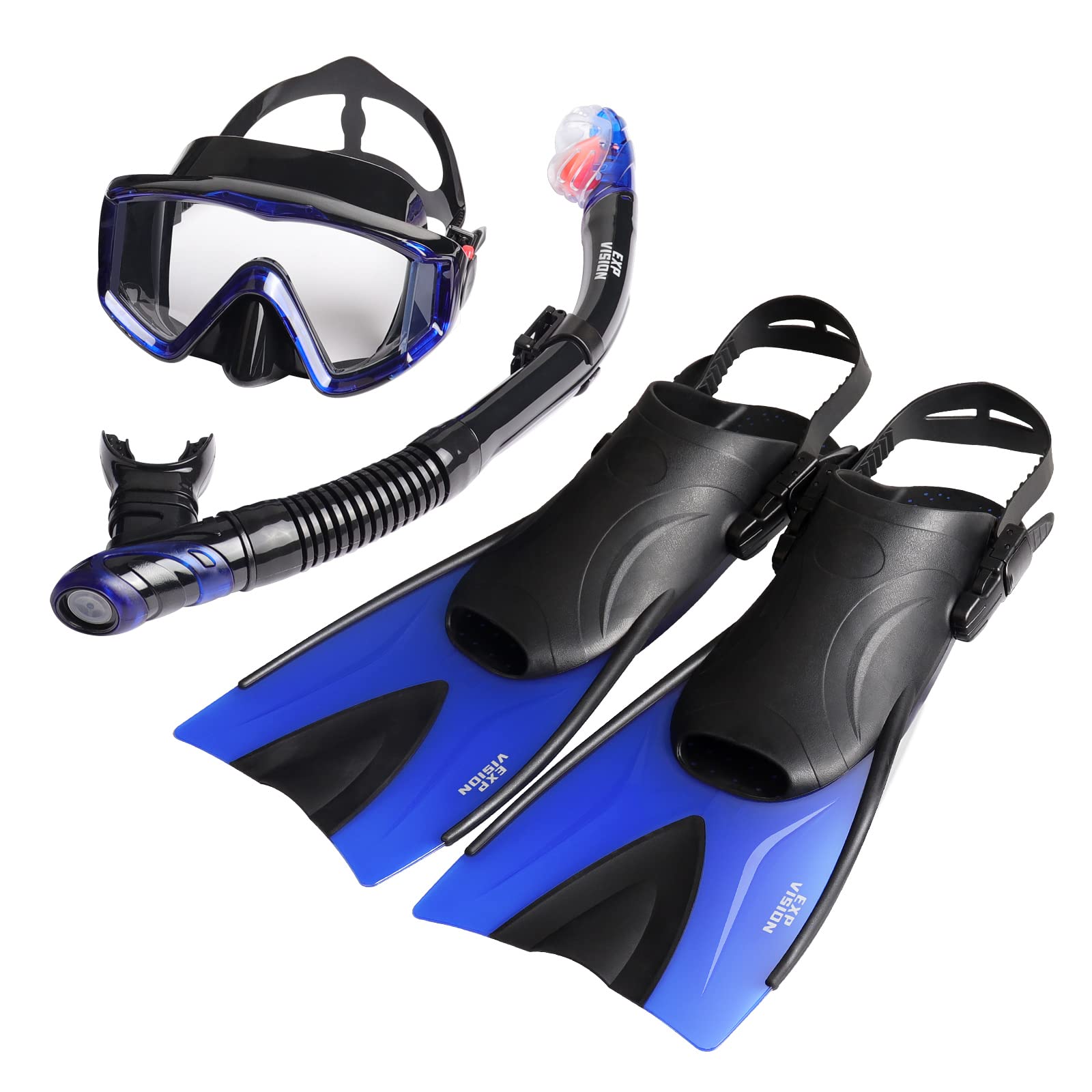 Ensemble de Tuba pour Adultes avec Palmes, Masque de plongée panoramique à 180°, équipement de plongée avec Tuba antibuée, Tuba Sec et Palmes de plongée réglables