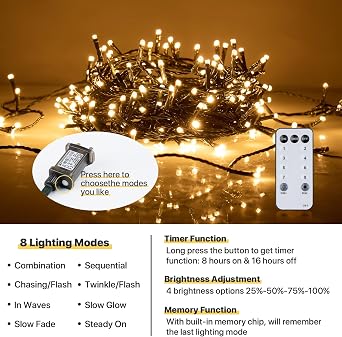 Twinkle Star Christmas Tree Lights Indoor Outdoor, 20m 200 LED Fairy Lights Plug in with Timer/Remote Control/8 Modes/Dimmable, Waterproof String Light for Garden Xmas Decorations, Warm White [Energy Class F]