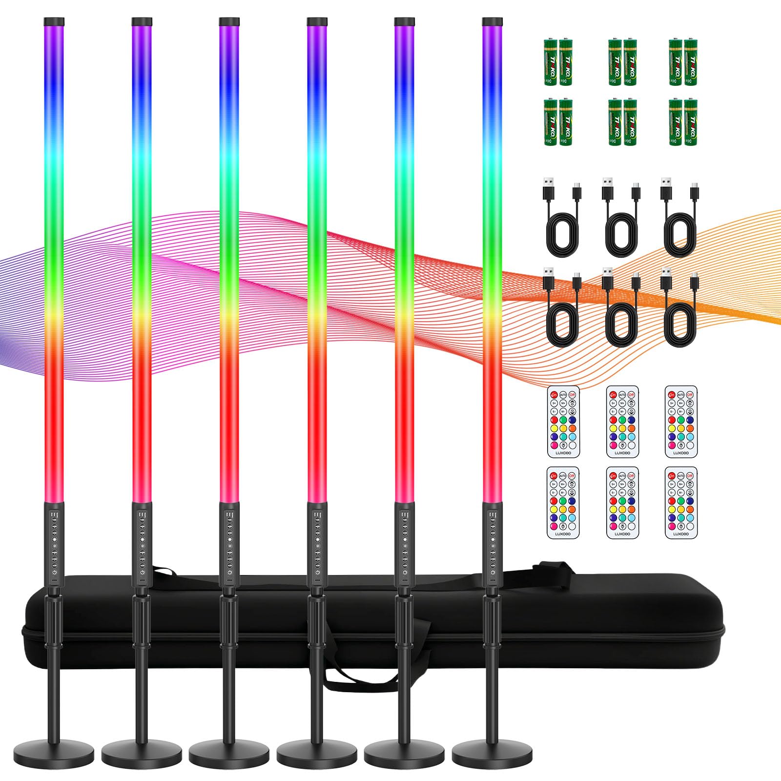 6 Pack 3ft RGB Tube Light Portable 5000mAh Battery Powered LED Tube Lights with Stand & Remote 500 Lighting Effects Stage Light Bar for DJ Party Dance