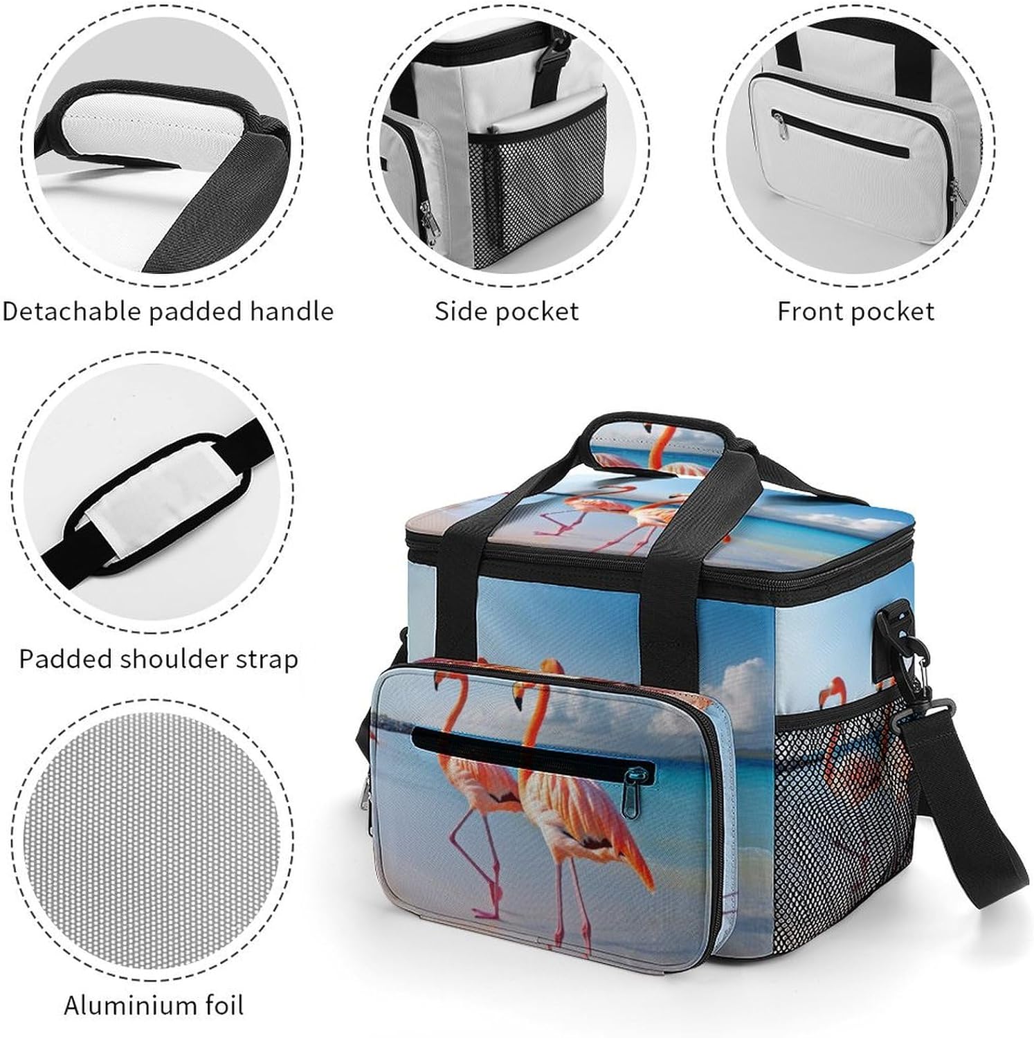 Large-Capacity Oxford Cloth Pink Flamingo on Beach Printed Camping Ice Bag, Outdoor Portable Insulation and Cold Storage Bag, Enjoy A Cool Camping Time