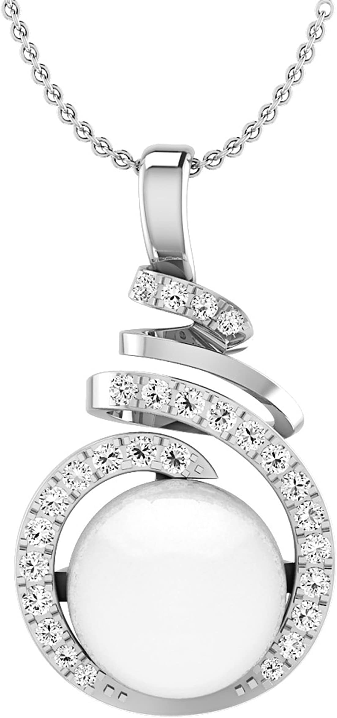8mm Round Freshwater Pearl & White Diamond Elegant Swirl Pendant for Women with 18 Inch Silver Chain