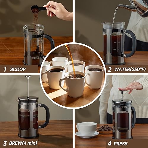 Miniatura 5 de BAYKA cafetera y tetera de prensa francesa de acero inoxidable 304, con sistema de filtración de 4 niveles, vidrio de borosilicato grueso resistente