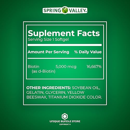 Miniatura 5 de Spring Valley, Biotina 5000mcg, cápsulas blandas, 120 unidades de suplemento dietético para la salud del cabello, piel y uñas + organizador de