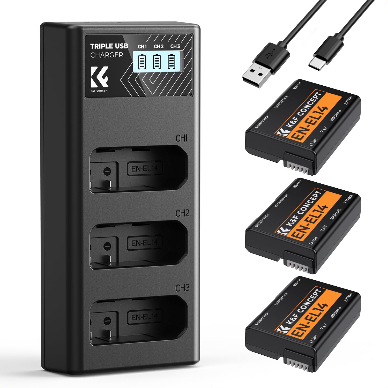 K&F CONCEPT 3er-Pack EN-EL14 EN -EL14a Akku und Upgrade-LCD-Ladegerät Kompatibel mit Nikon D5300 D5600 D5100 D5200 D5500 D3100 D3200 D3300 D3400 D3500 Coolpix P7000 P7100 P7200 P7700 P7800 Kameras