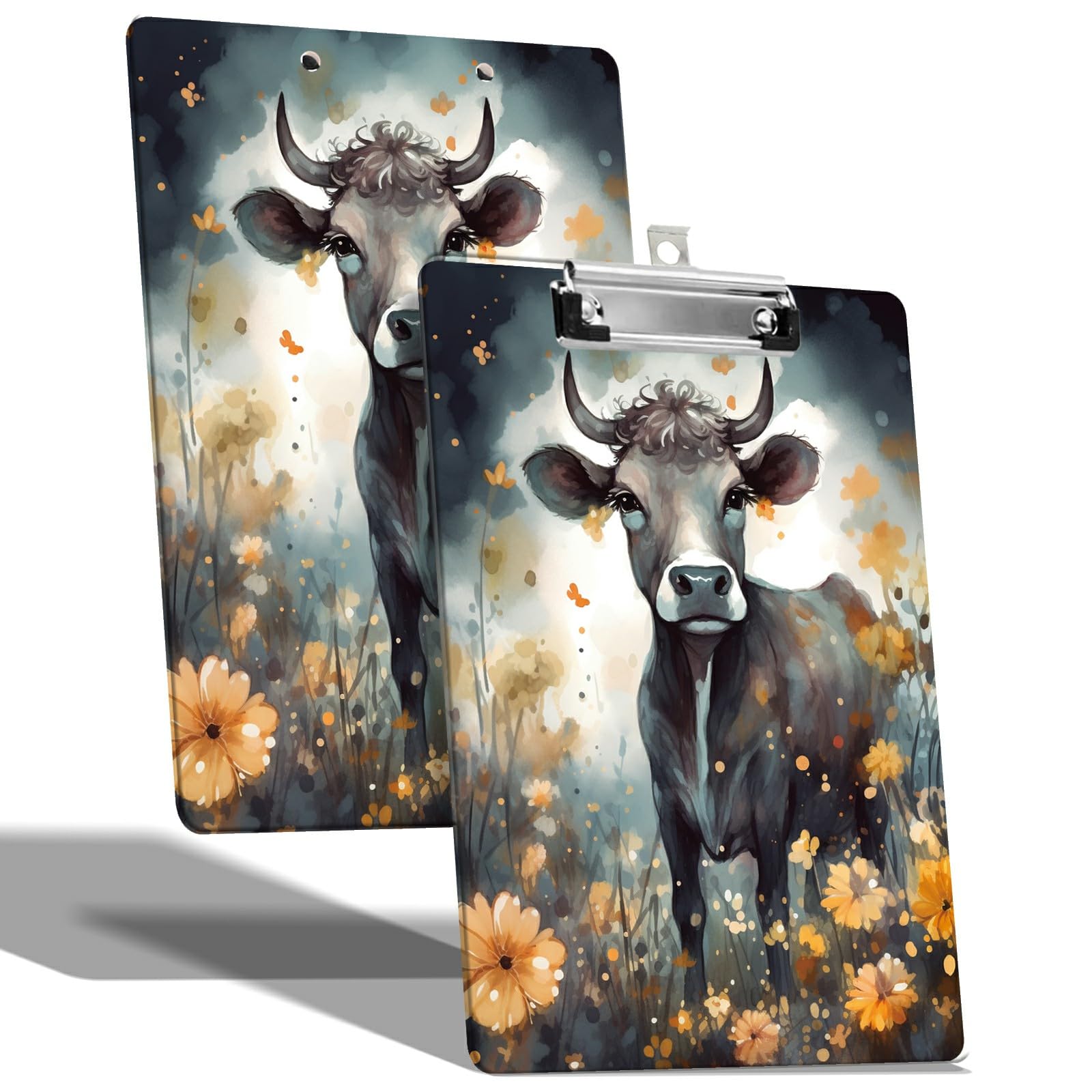 A4 Size Clipboard with Hanging Hook and Low Profile Clip, Plastic Nurse Clipboard Writing Drawing Board with Double-Side Cow Sunflower Print for Woman Kids Office School Use