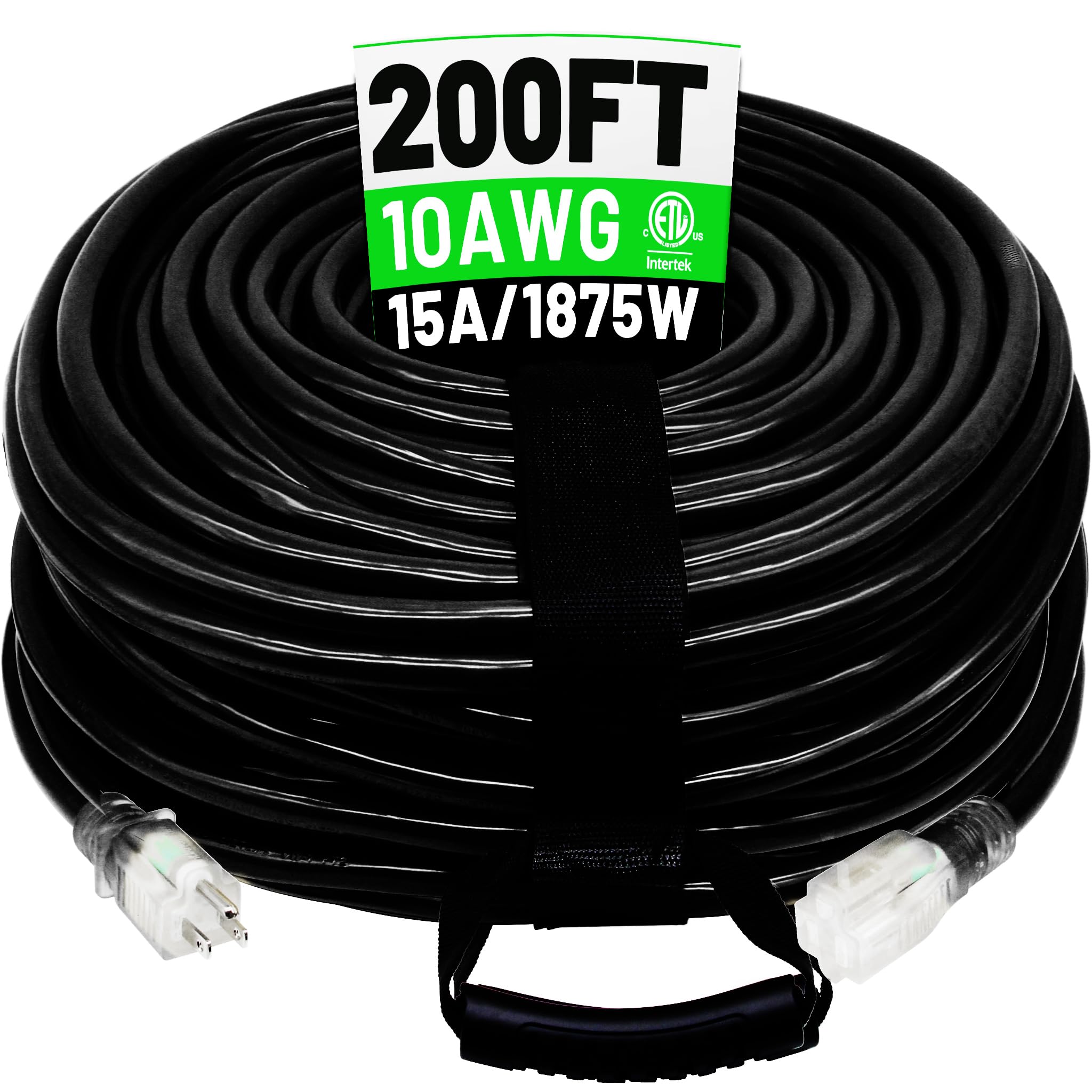POWGRN - Cable de extensión para exteriores de 200 pies, 10/3, resistente al agua, calibre 10, 3 clavijas, cable de alimentación largo flexible resistente al frío, exterior con extremo indicador