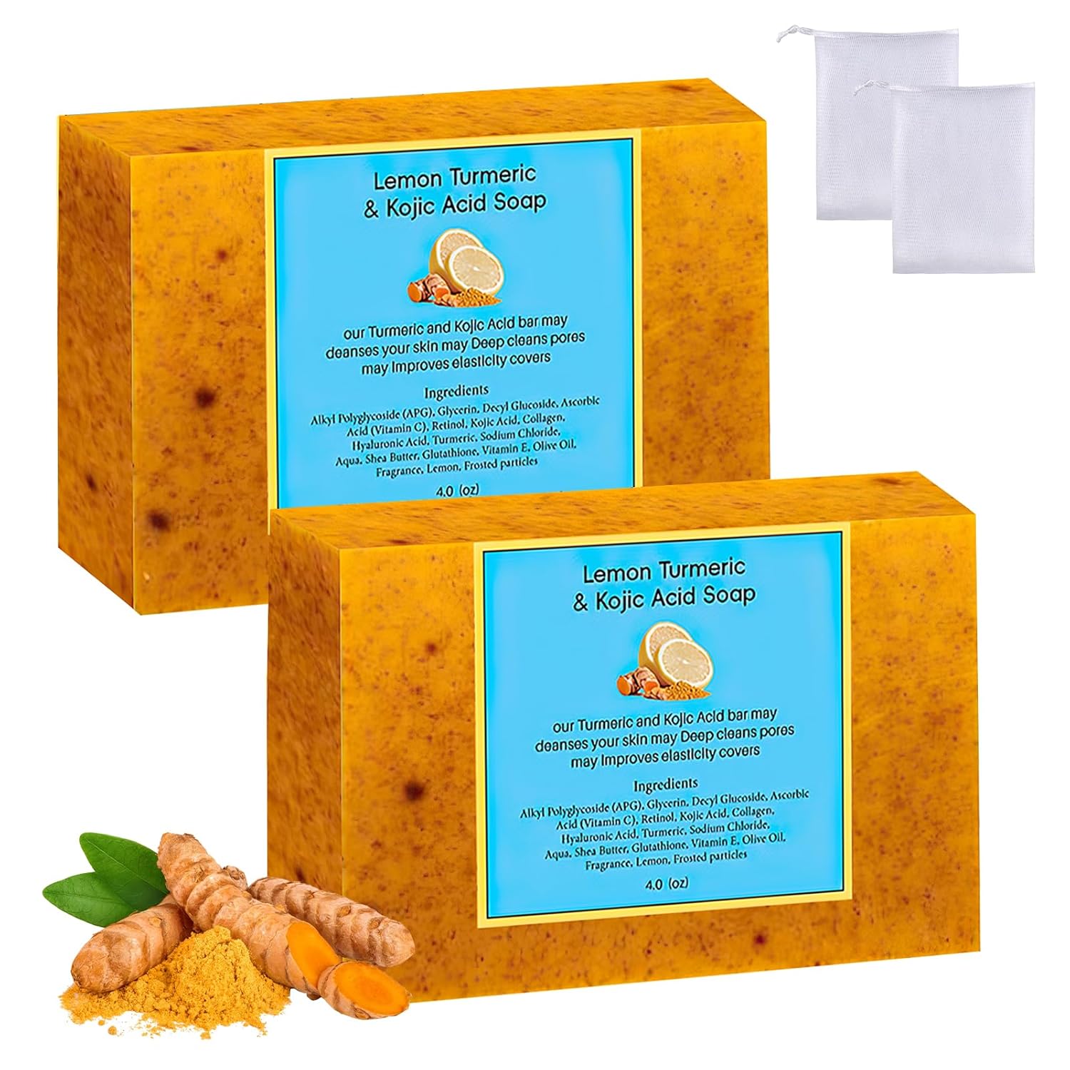 Lemon Turmeric Kojic Soap - Turmeric Soap Bar for Face and Body, Natural Handmade Soaps Bar for All Skin Types, Daily Use Skin Care Deep Cleansing Moisturizing (2pcs)