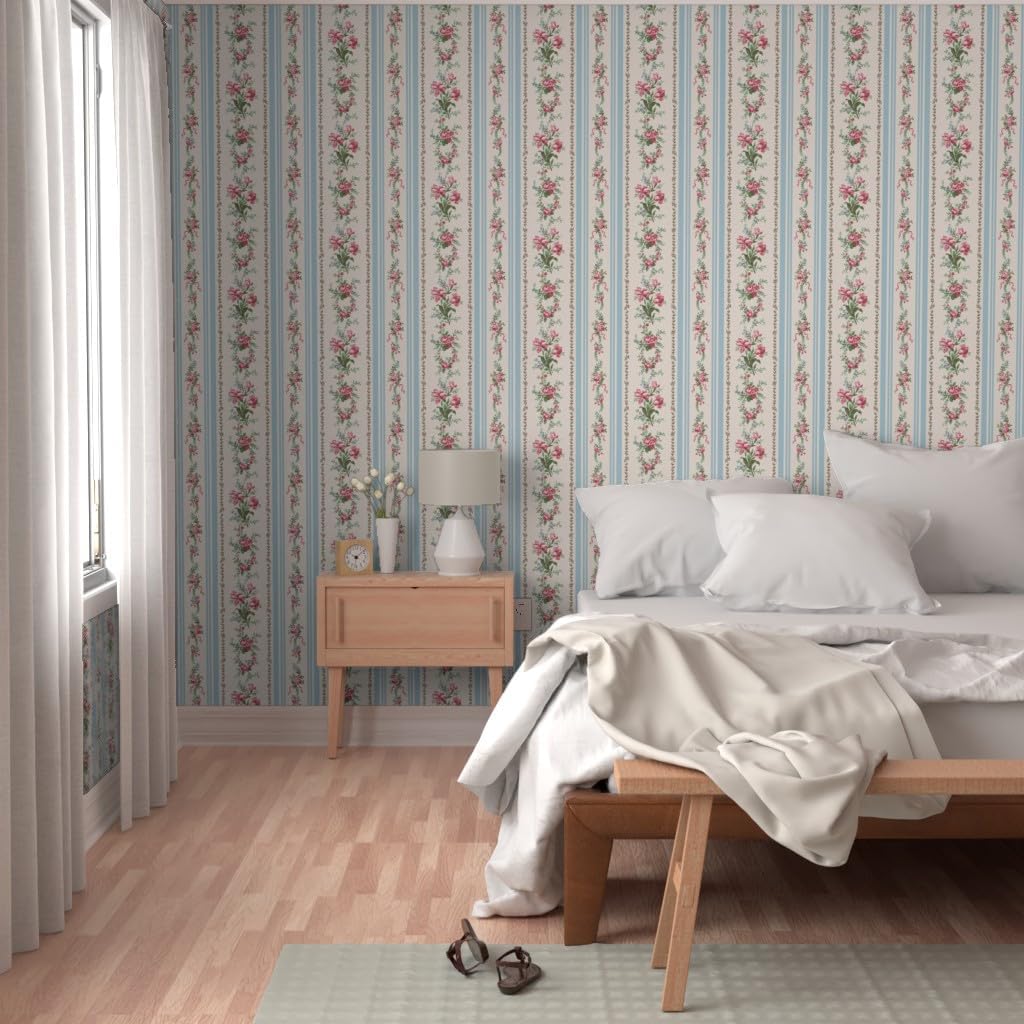 Peel & Stick Wallpaper Swatch - Grandmillenial Floral Stripe Pink Cream Blue Shabby Chic Custom Removable Wallpaper by Spoonflower