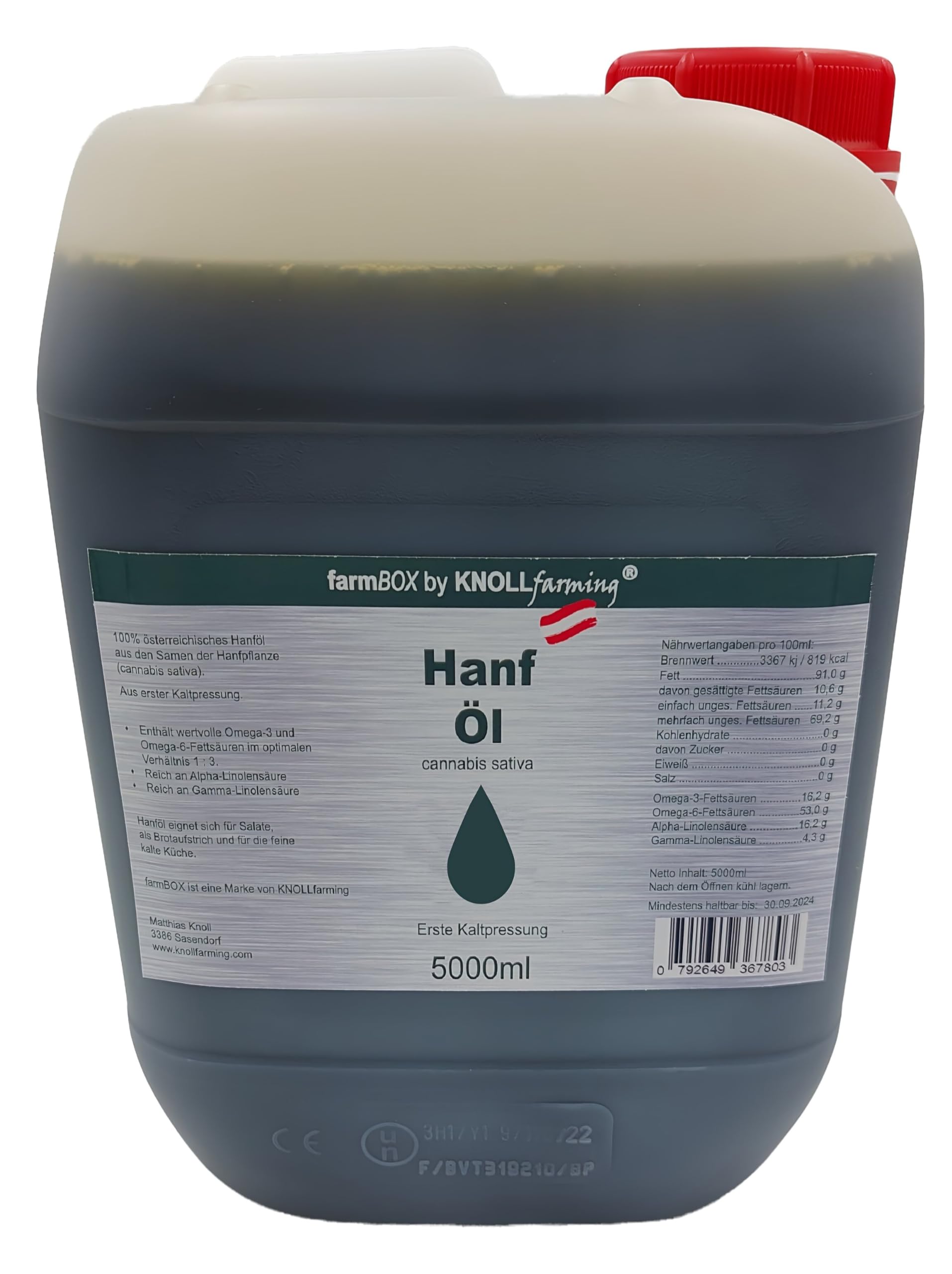 farmBOX Hanföl 5000ml 5L Hanfsamenöl kaltgepresst Qualität aus Österreich