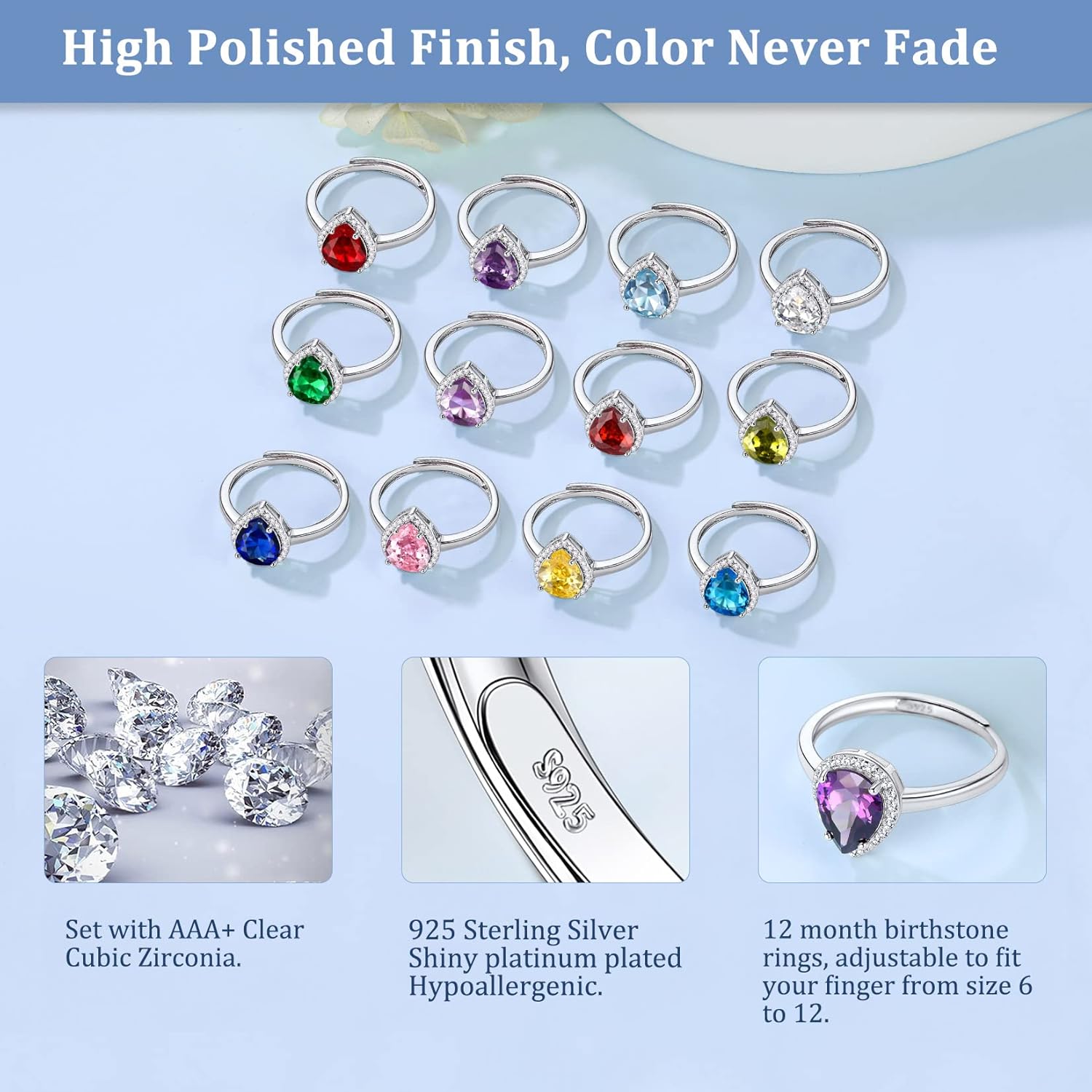 Suplight 925 Sterling Silver Round Shape/Heart/Square/Pear Shape Birthstone Ring, Sparkling Solitaire Engagement Wedding Rings for Women (with Gift Box) - Image 5