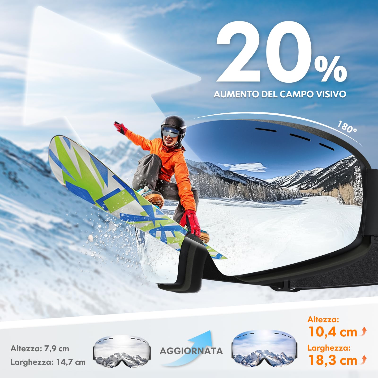 DADA-PRO Occhiali da sci Uomo Donna, Goggles per snowboard sopra gli occhiali OTG Anti-Appannamento, Goggles da sci senza cornice 100% Protezione UV
