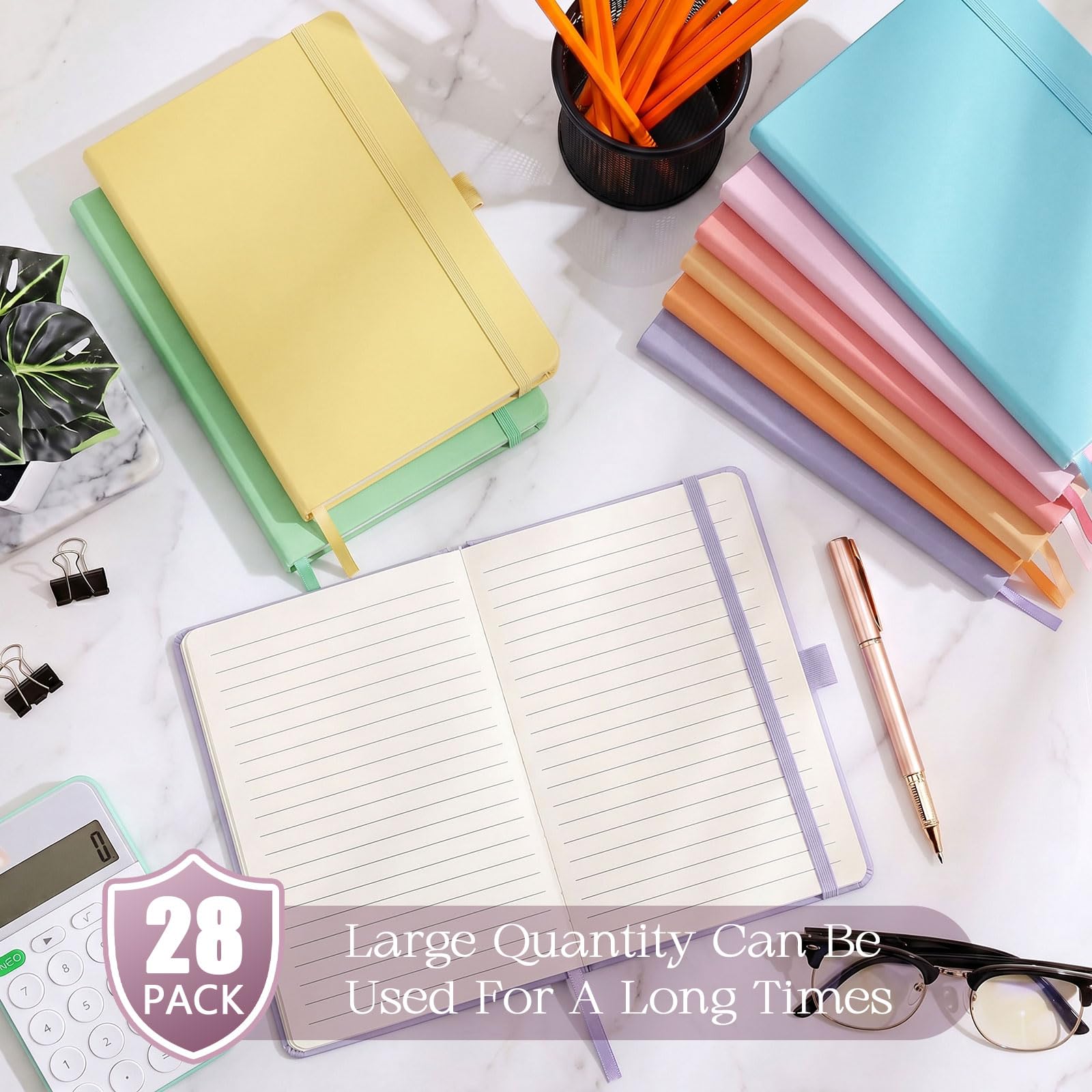 Laumoi Paquete de 28 cuadernos forrados de piel sintética a granel A5 de tapa dura, cuaderno de rayas anchas de 5.5 x 8.2 pulgadas con soporte para bolígrafo para escuela, negocios, trabajo, escritura