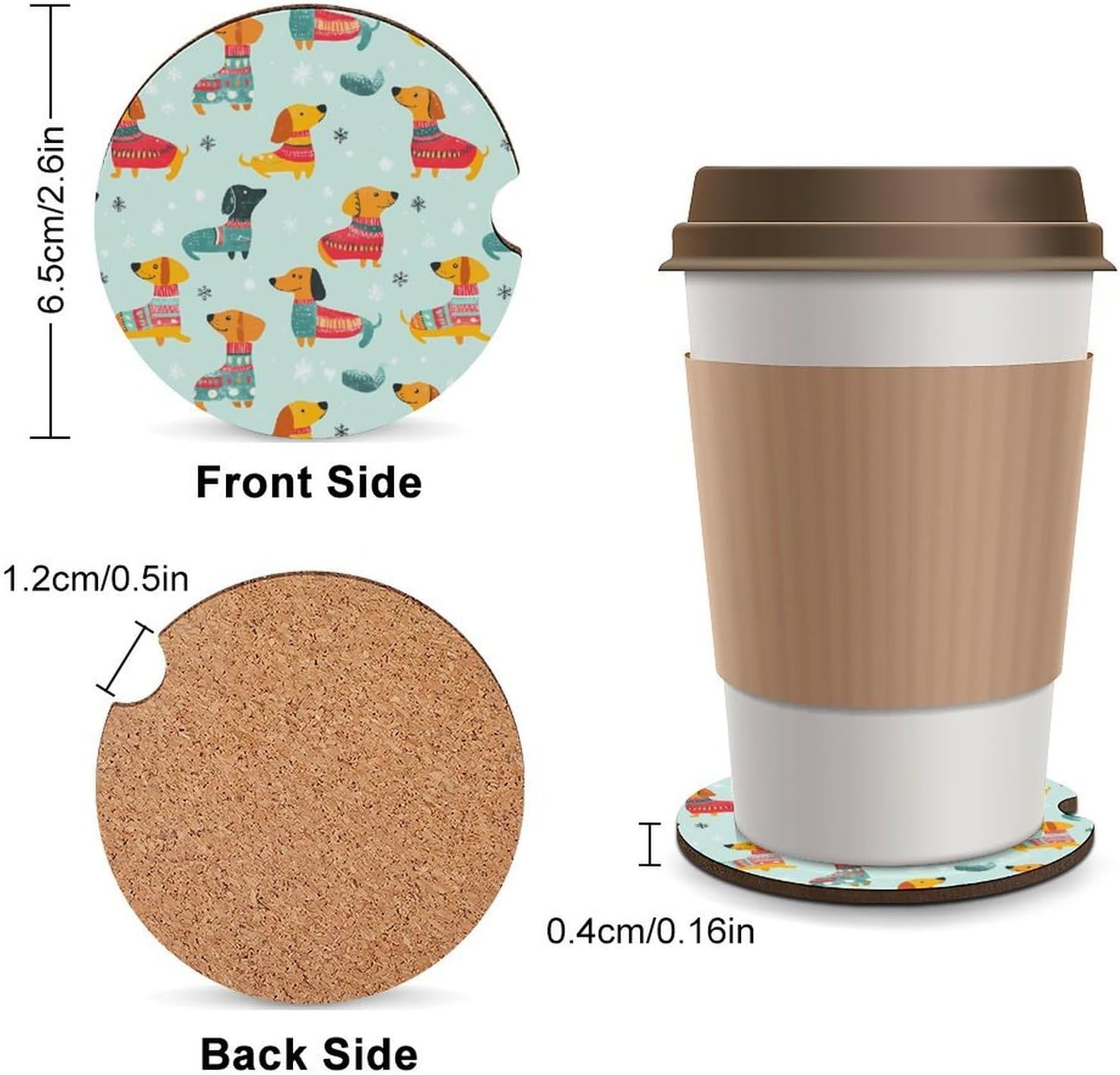 Cute Dachshund Dogs Snowflakes Cute Car Coasters 2.56 Inch Absorbent Cup Holder for Drinks Auto Interior Accessories